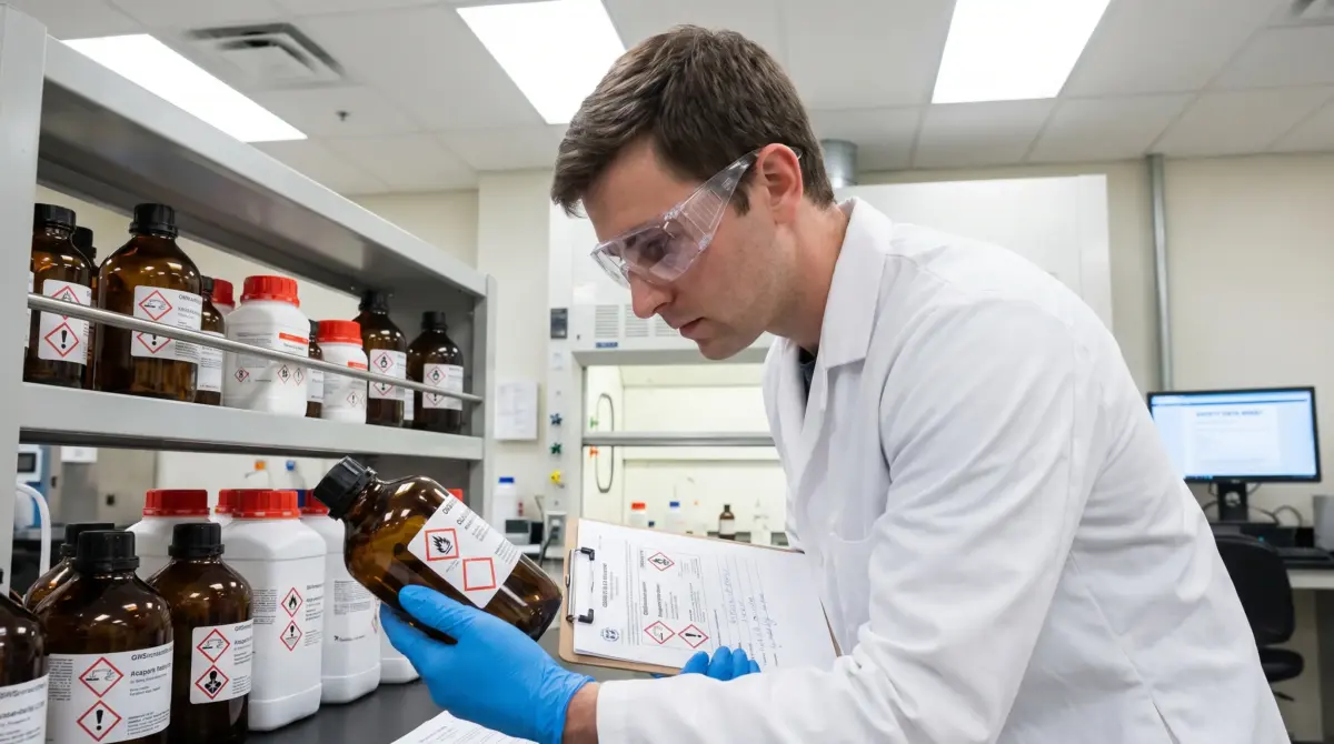 A laboratory scientist wearing safety glasses and blue gloves examines a chemical bottle while reviewing documentation at a lab bench surrounded by hazardous material containers.
