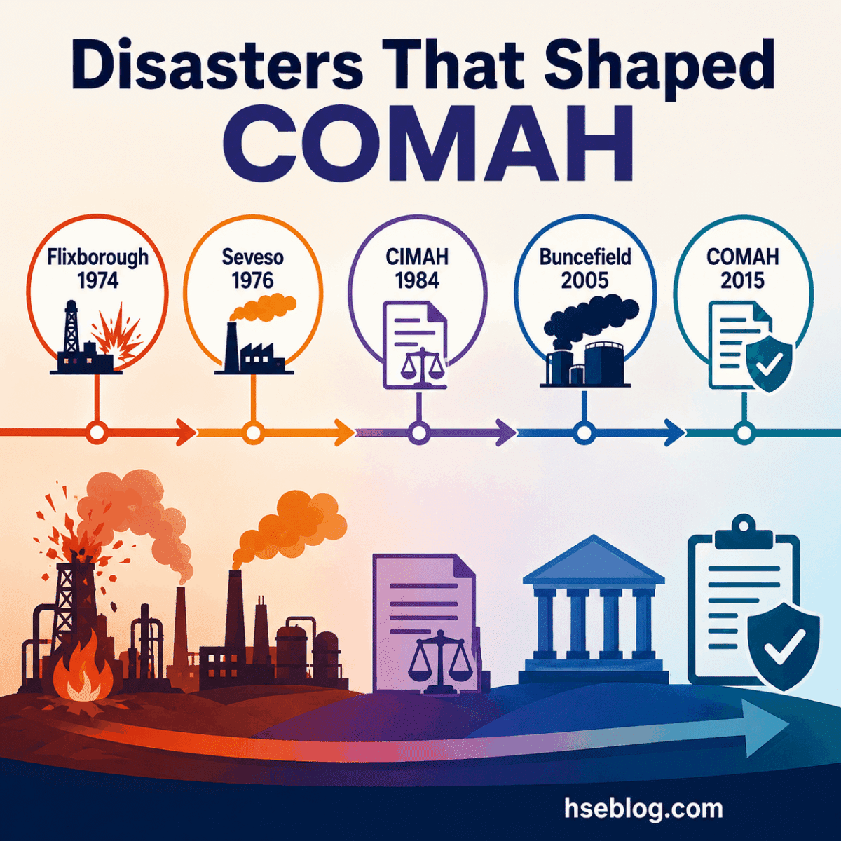 Timeline showing five major industrial disasters from 1974 to 2015 that influenced COMAH regulations: Flixborough explosion, Seveso chemical release, CIMAH legislation, Buncefield incident, and COMAH compliance framework.