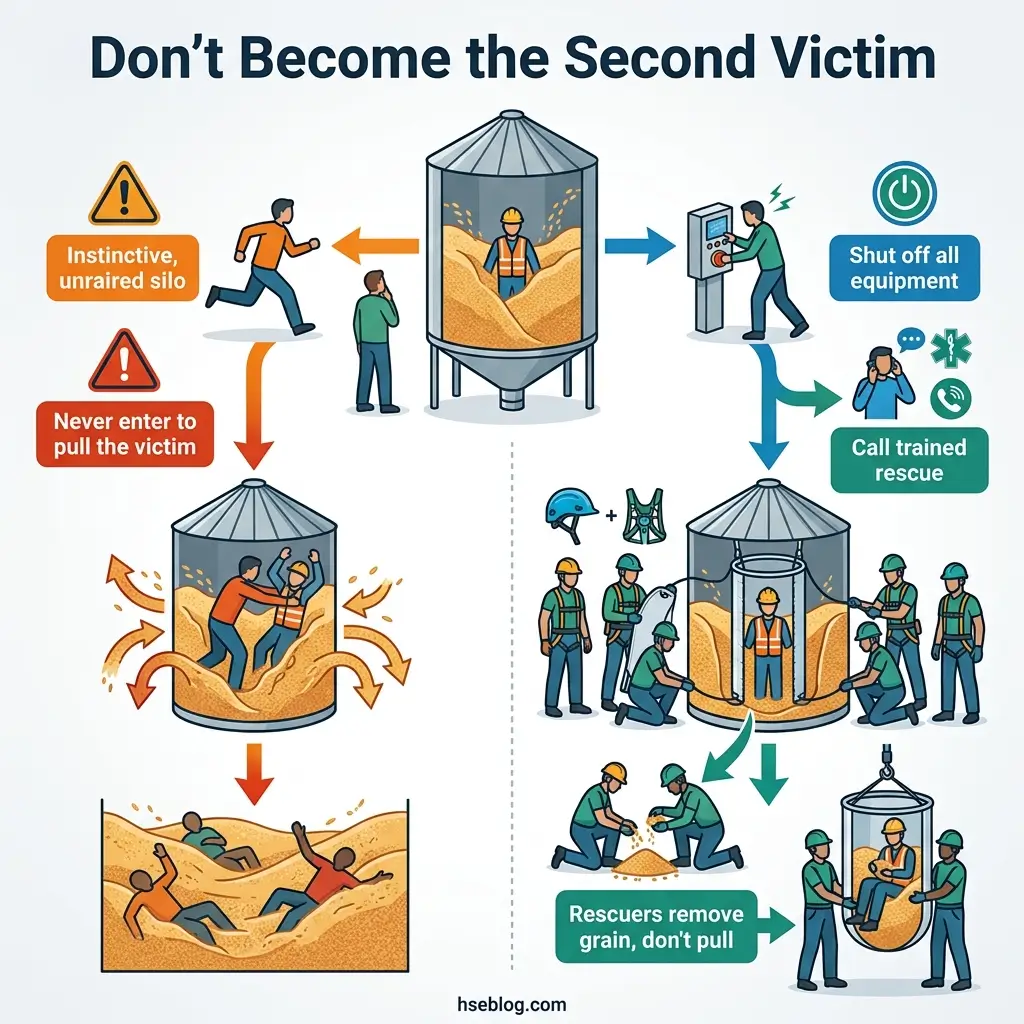 Infographic showing proper grain silo rescue procedures, contrasting dangerous untrained rescue attempts on the left with correct professional emergency response steps on the right.