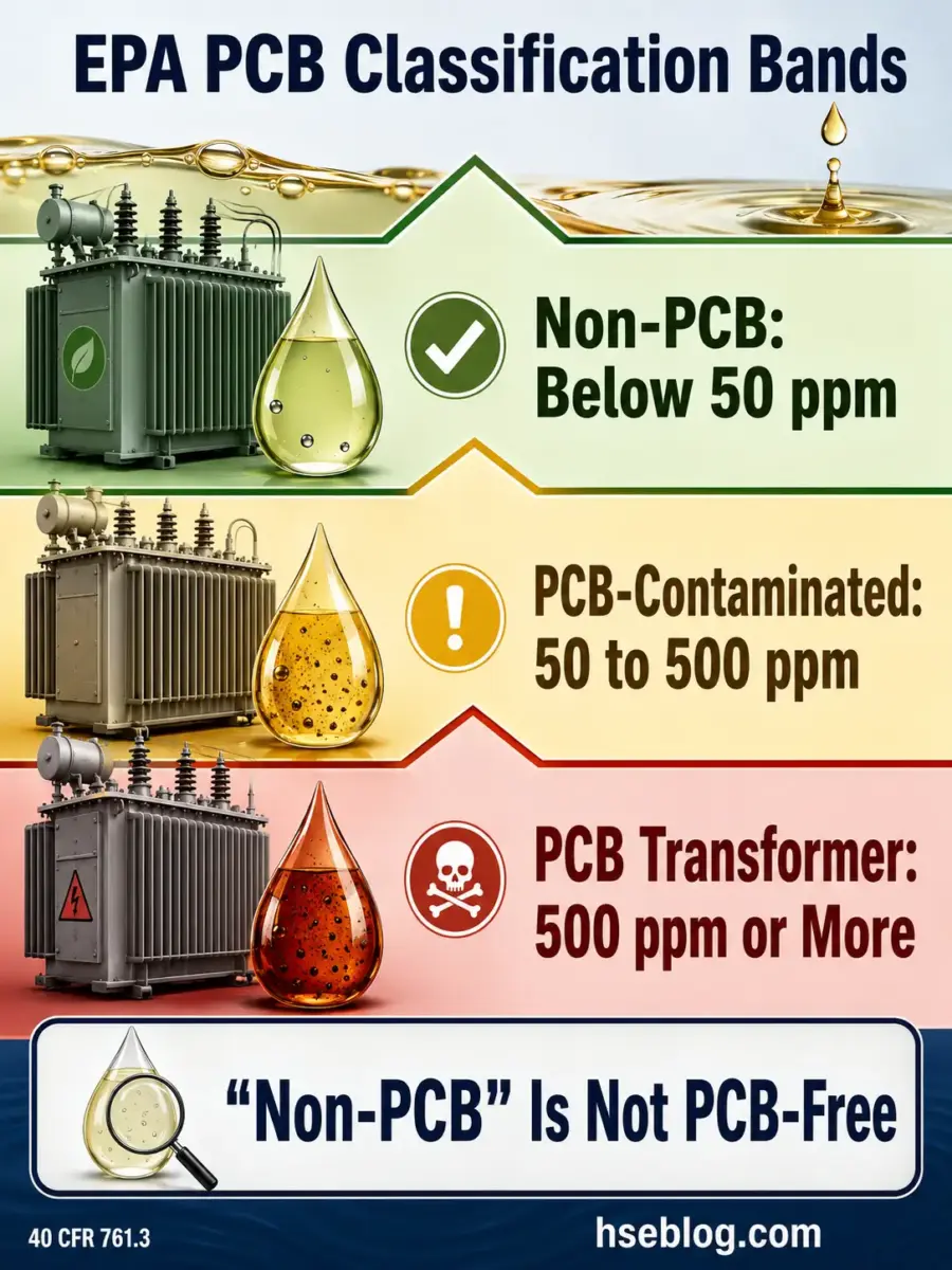 EPA PCB classification chart showing three contamination levels with transformers and oil droplets: non-PCB below 50 ppm, PCB-contaminated 50-500 ppm, and PCB transformer 500 ppm or more, with note that non-PCB is not PCB-free.