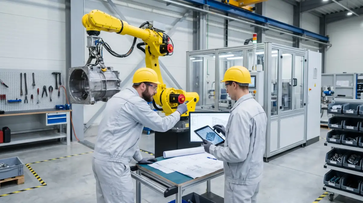 Two engineers in safety helmets review blueprints at a workstation while inspecting a yellow robotic arm in a modern industrial manufacturing facility.