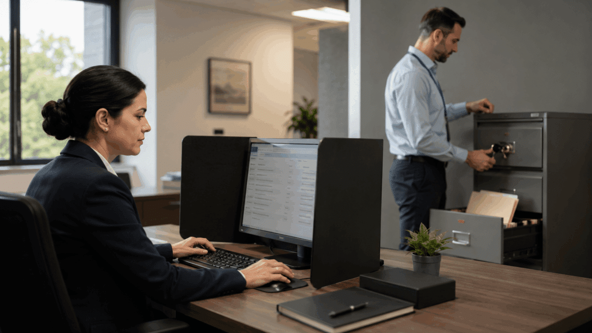 Professional woman working at computer in modern office while male colleague accesses filing cabinet in background, bright workspace with natural light and plants.