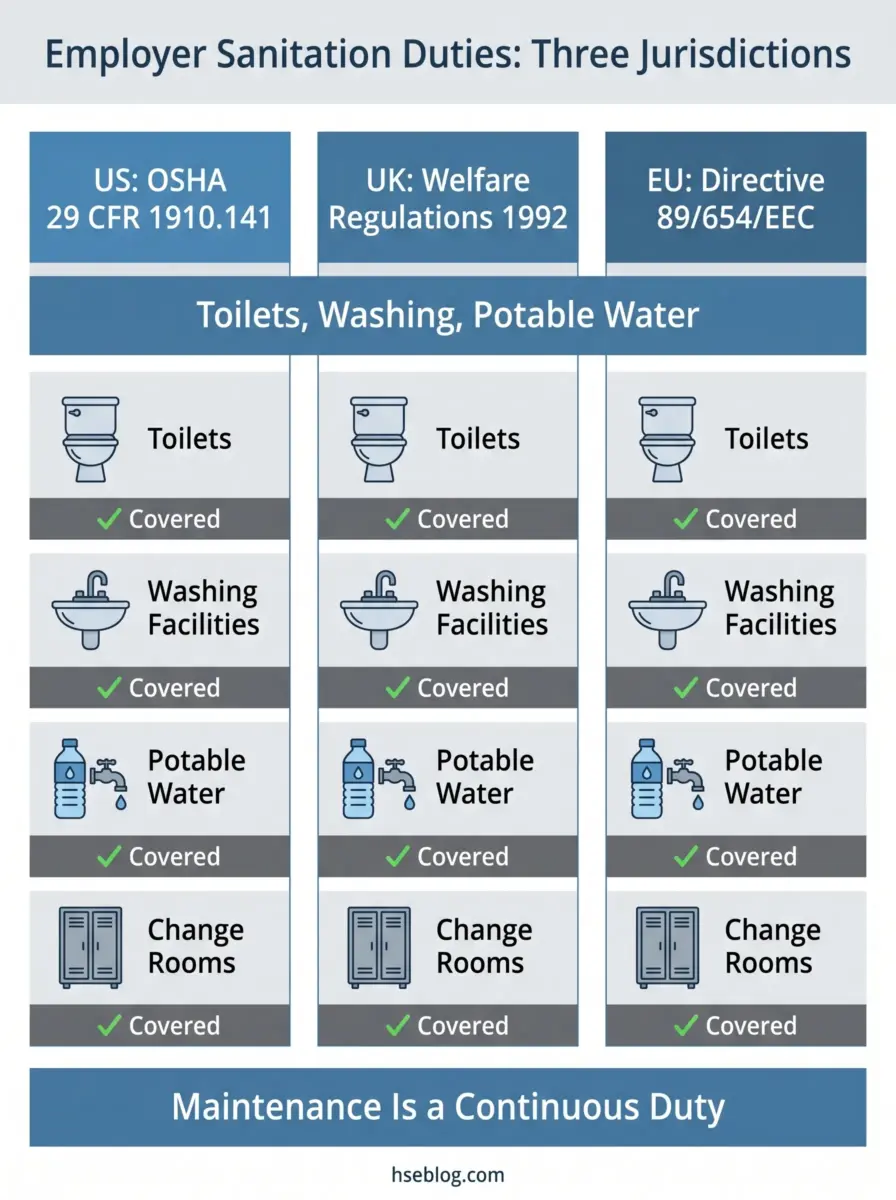 Comparison chart showing employer sanitation duties covered under US OSHA, UK Welfare Regulations, and EU Directive, including toilets, washing facilities, potable water, and change rooms with continuous maintenance requirements.