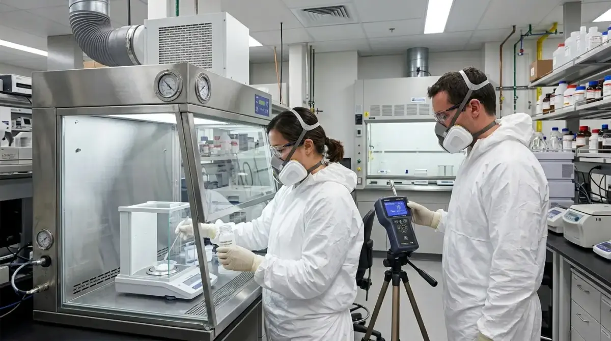 Two researchers in white protective suits and respirators work at a biosafety cabinet in a laboratory, with one operating a handheld measuring device while the other conducts an experiment inside the sterile hood.