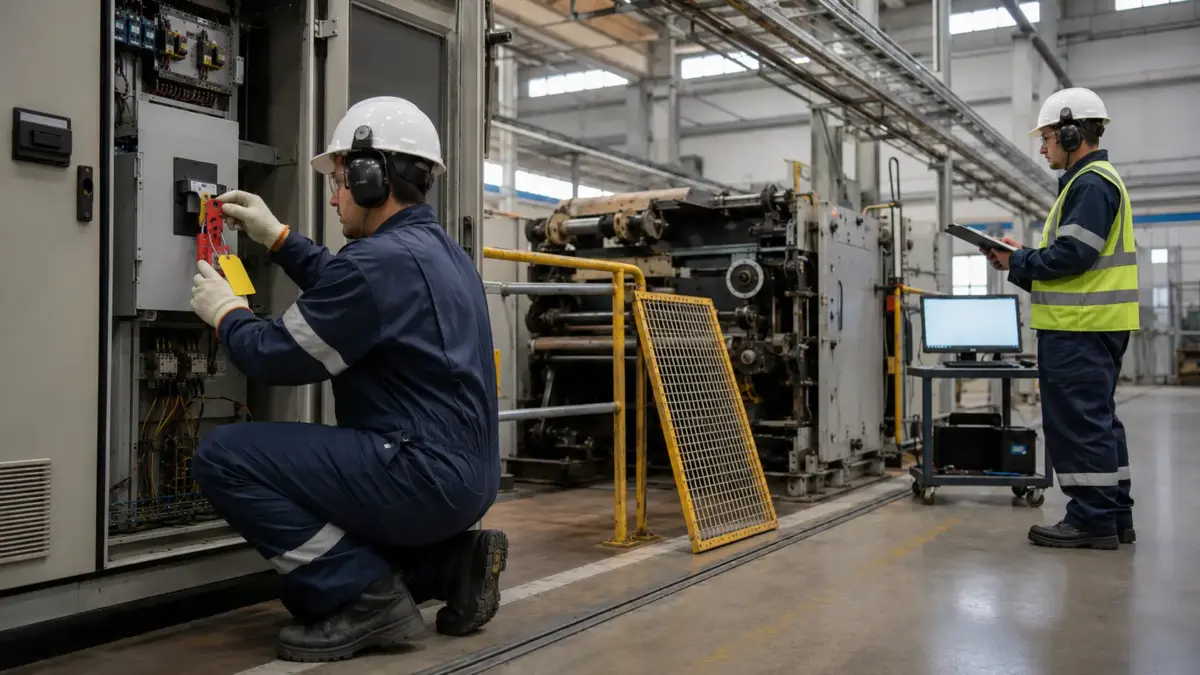 Industrial factory worker in safety gear inspecting electrical control panel while colleague monitors machinery operations in manufacturing facility.