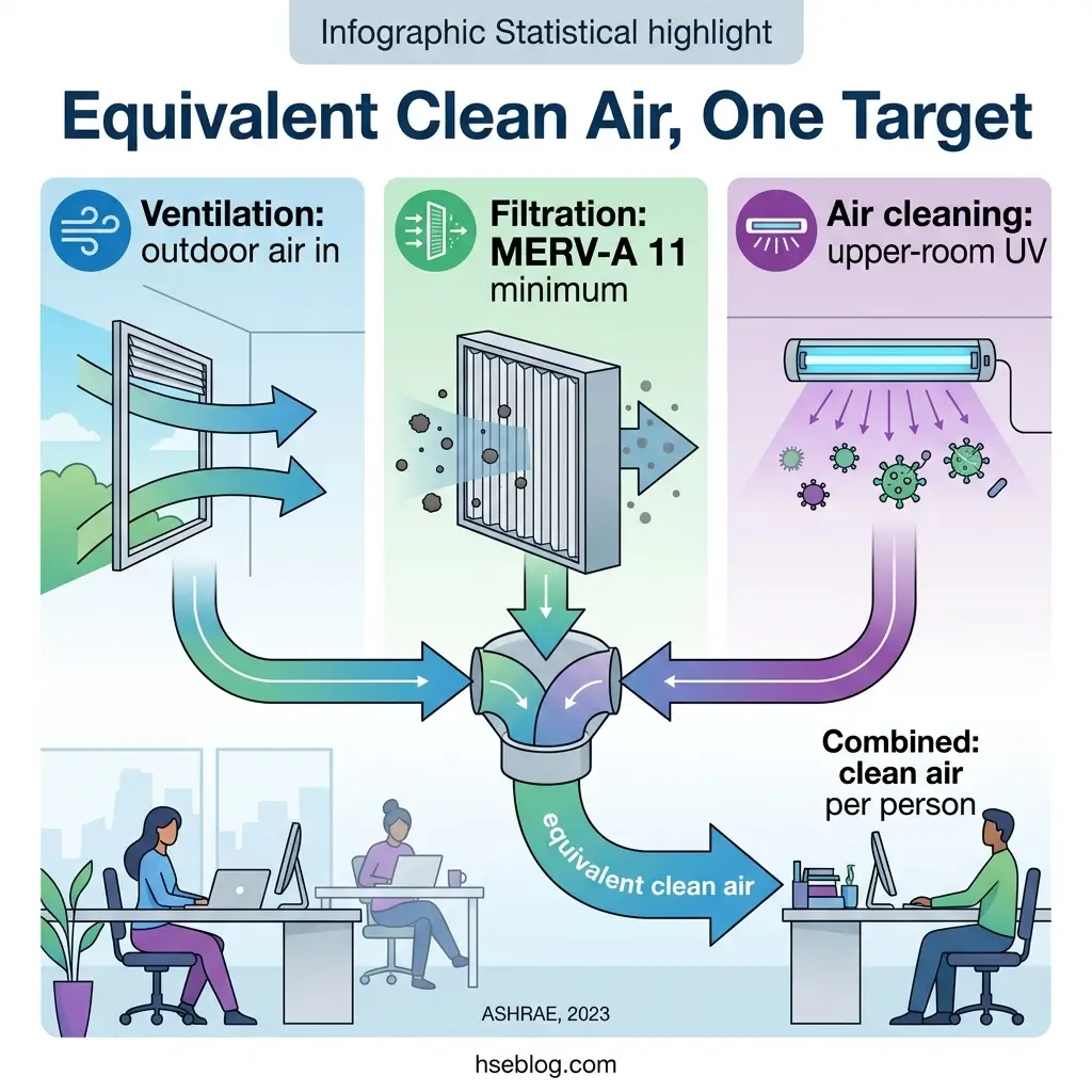 Infographic showing three air quality methods—ventilation with outdoor air intake, MERV-A 11 filtration, and upper-room UV air cleaning—combined to deliver equivalent clean air per person in office environments.
