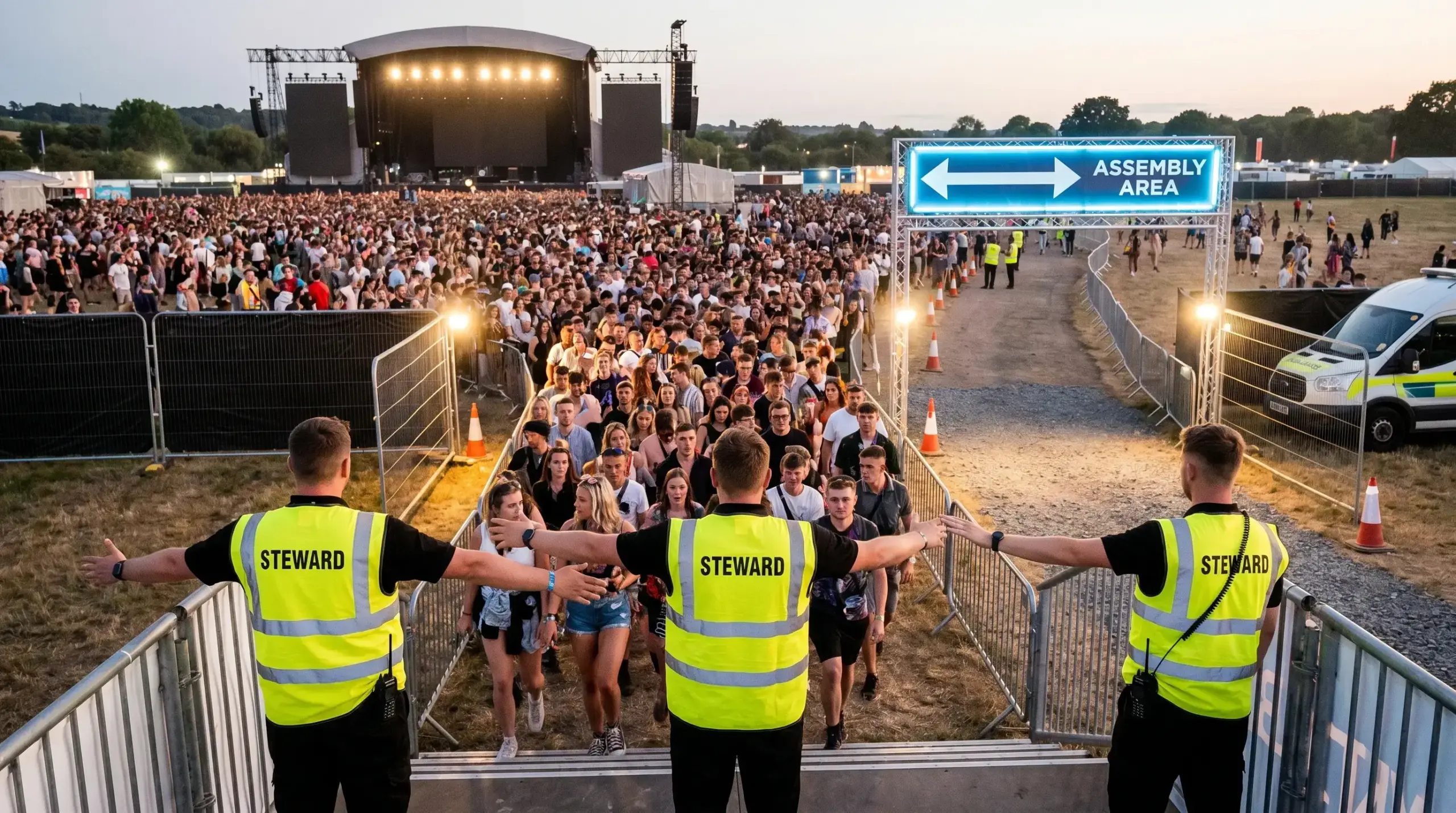 Stewards in high-visibility vests direct crowds of festival attendees through an assembly area toward a large outdoor concert stage at dusk.