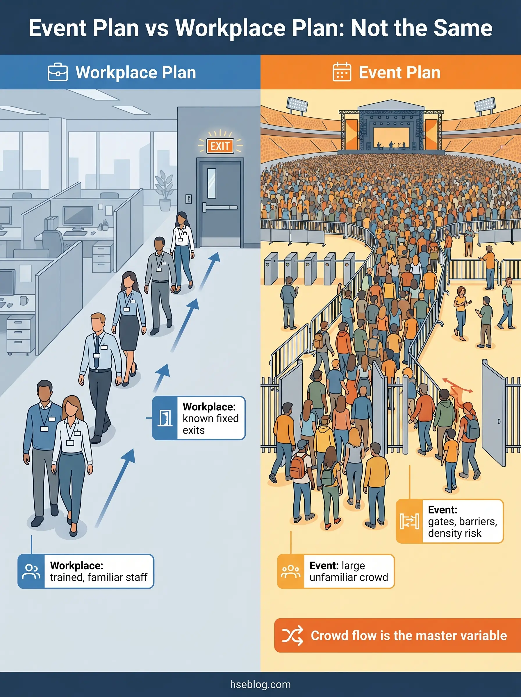 Illustrated comparison showing workplace evacuation with trained staff using fixed exits versus large event crowd management requiring gates, barriers, and crowd flow control strategies.