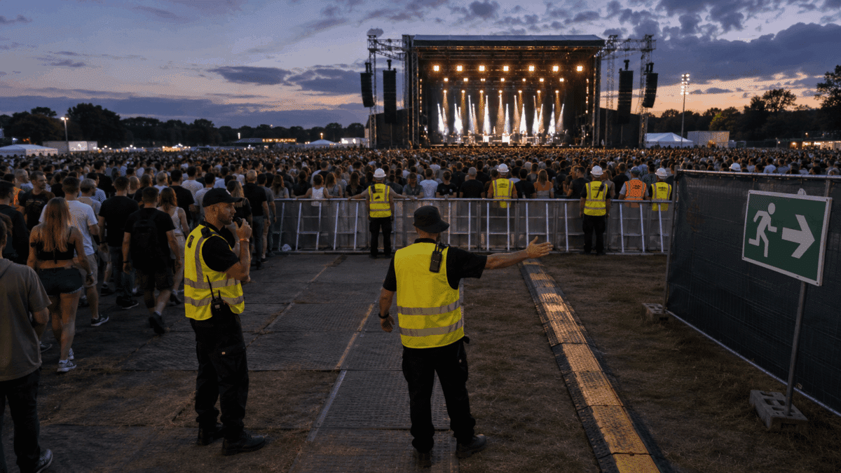 Security staff in high-visibility vests direct a massive crowd at an outdoor music festival venue during twilight, with a large illuminated stage visible in the background.