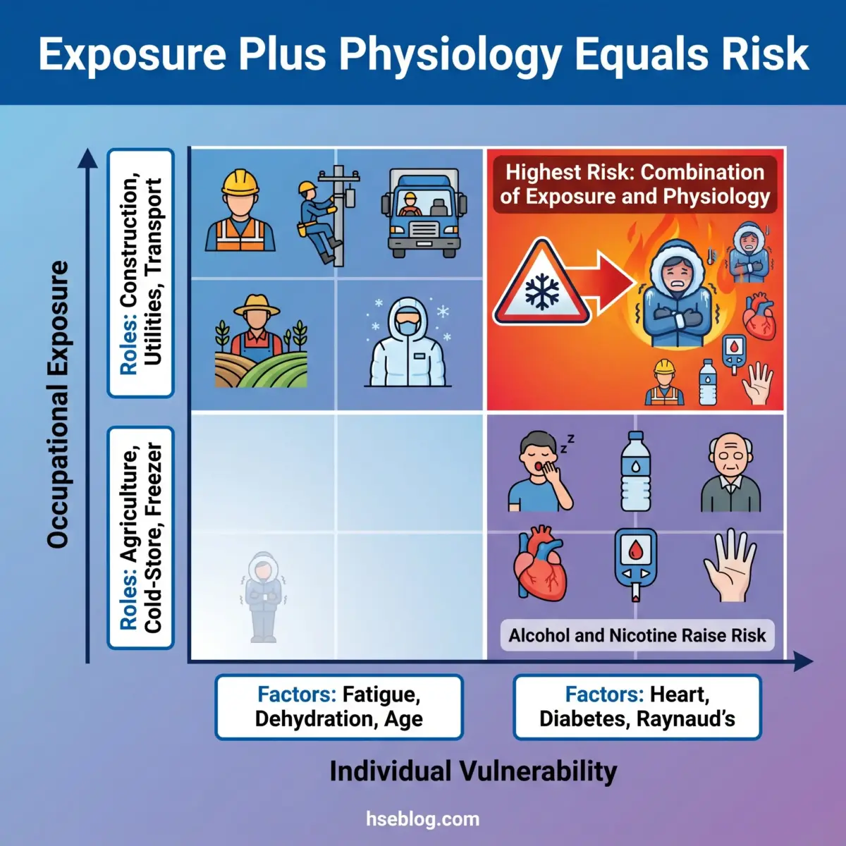 A matrix diagram showing how occupational exposure combined with individual physiological factors determines health risk, with construction and cold-storage workers at highest risk when exposed to cold temperatures.