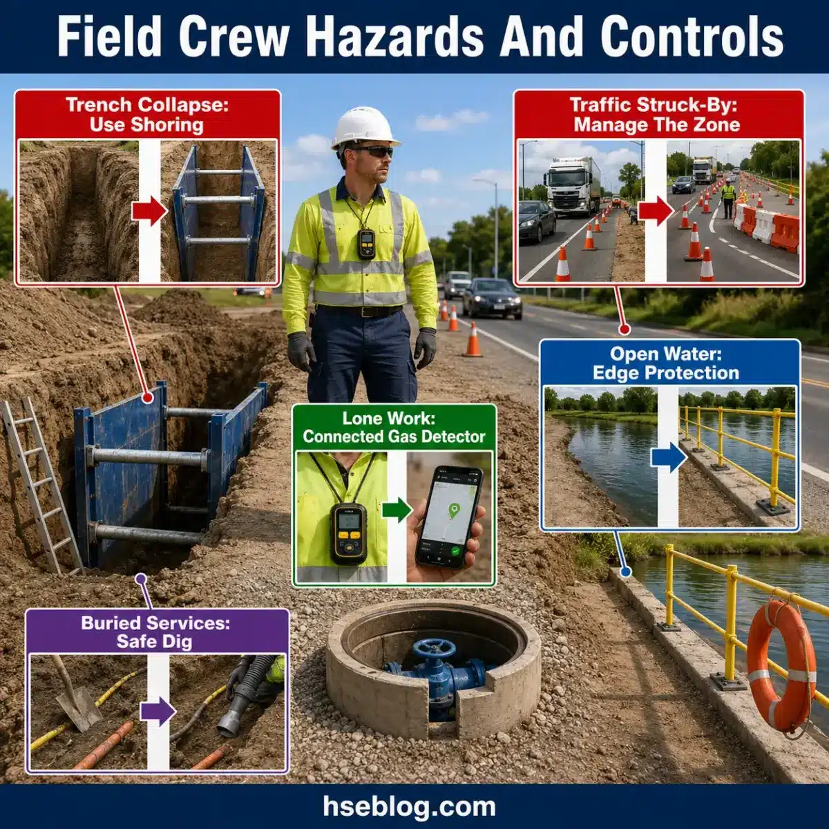 Infographic showing five field crew safety hazards and controls: trench collapse prevention with shoring, traffic management with cones and barriers, lone worker protection using gas detectors, open water edge protection with guardrails, and buried services safety through proper digging procedures.
