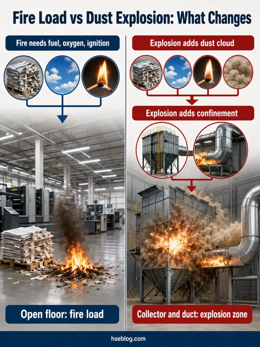 Infographic comparing fire load and dust explosion hazards in industrial settings, showing how dust clouds and confined spaces amplify explosion risk versus open floor fires.