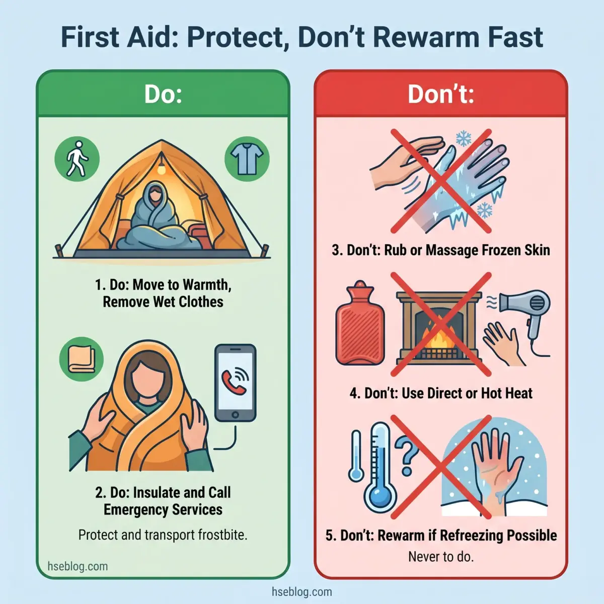 Infographic showing first aid instructions for hypothermia and frostbite, with green section listing dos like moving to warmth and calling emergency services, and red section listing don'ts like rubbing frozen skin or using direct heat.