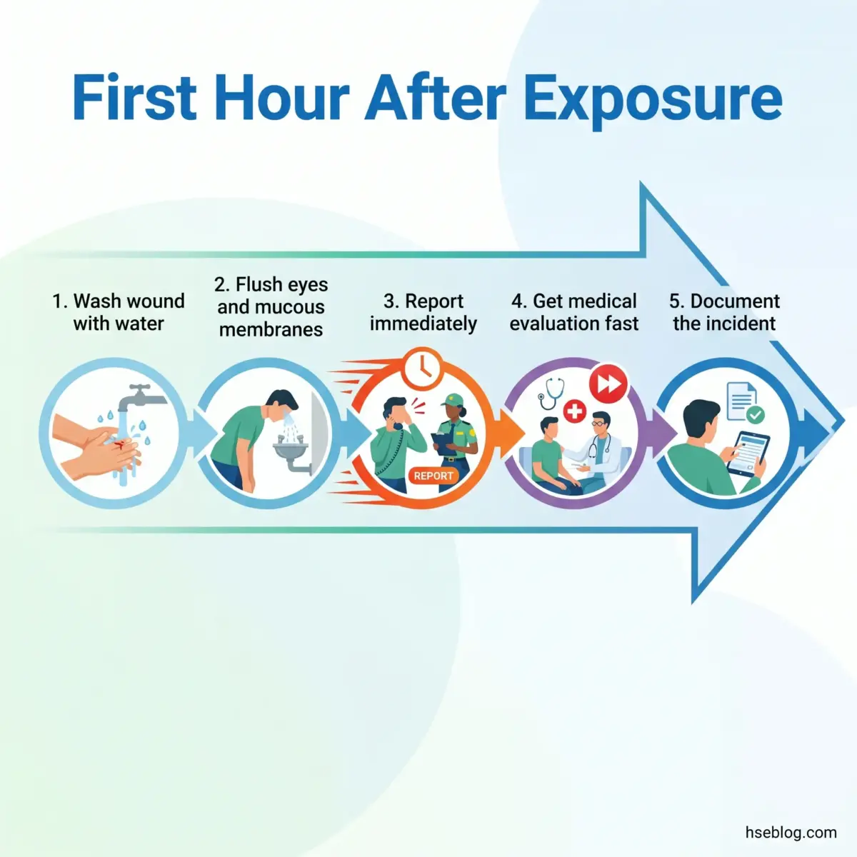 Infographic showing five sequential steps for first aid in the first hour after chemical or hazardous exposure: wash wound with water, flush eyes and mucous membranes, report immediately, get medical evaluation fast, and document the incident.