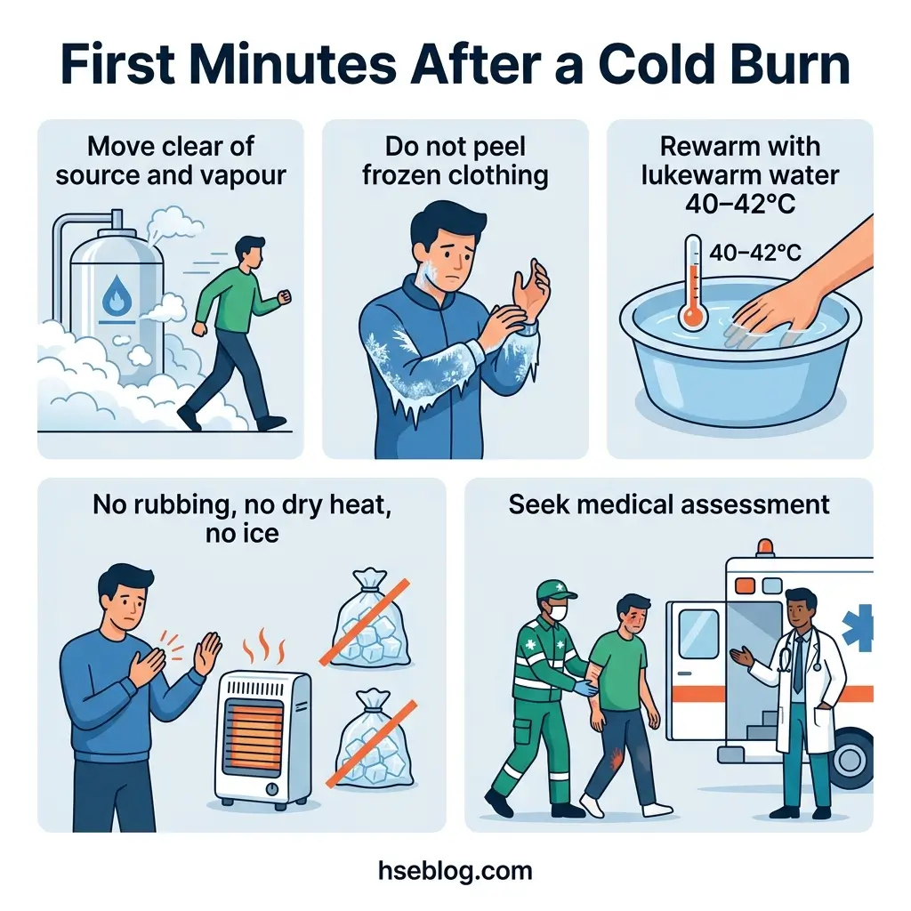 Infographic showing five essential first aid steps for cold burns: move away from the source, avoid removing frozen clothing, rewarm with lukewarm water at 40-42°C, avoid rubbing or dry heat, and seek medical assessment.