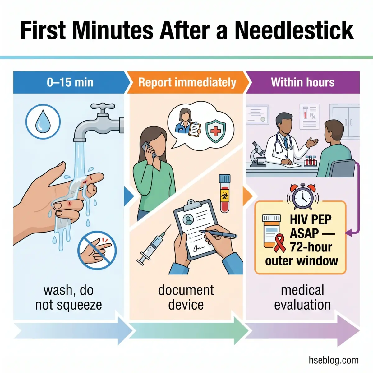 Infographic showing three stages of needlestick injury response: washing the wound without squeezing within 0-15 minutes, immediately reporting and documenting the incident, and seeking medical evaluation within hours for HIV PEP within the 72-hour window.