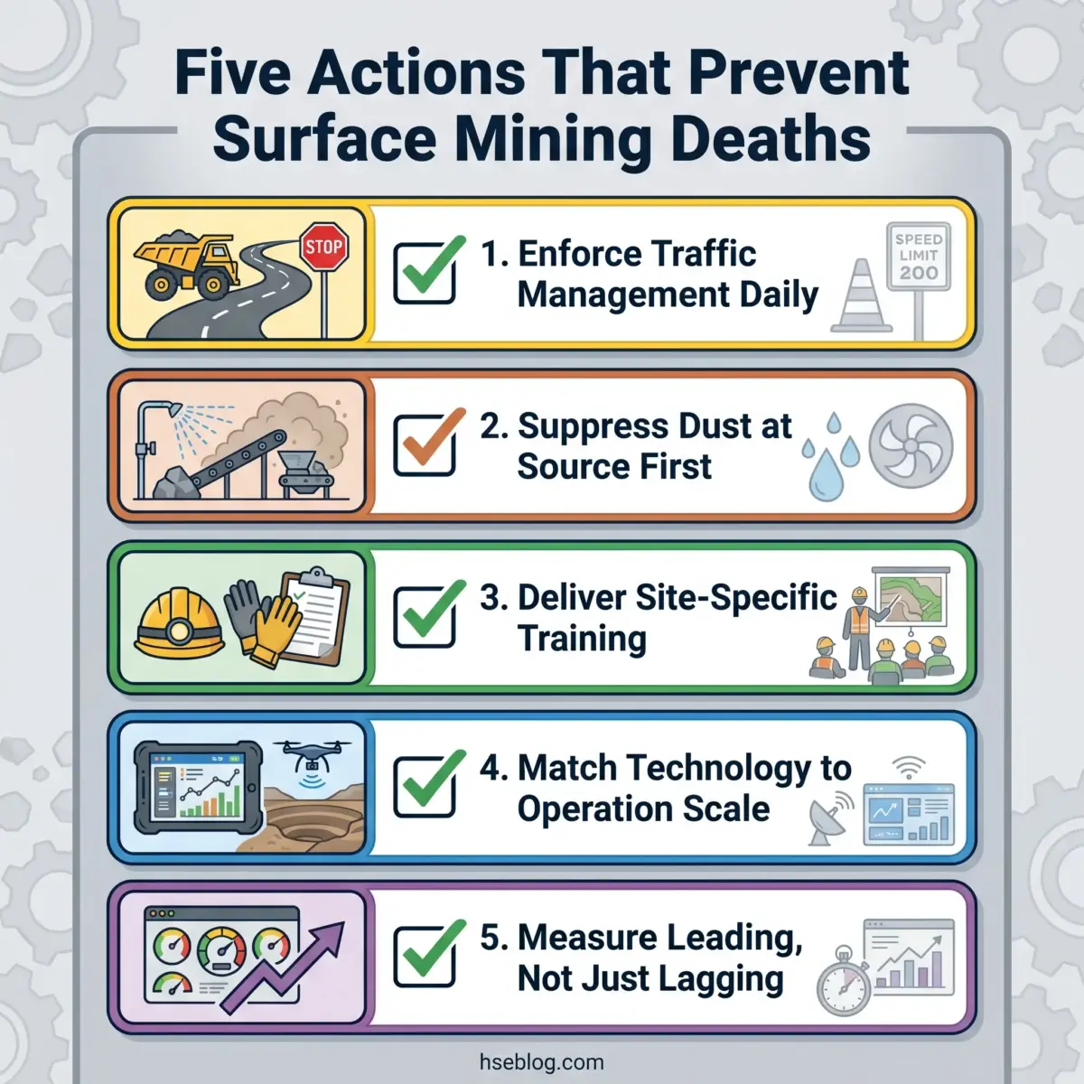 Infographic showing five prevention strategies for surface mining deaths: traffic management, dust suppression, site-specific training, technology matching, and performance measurement, each with icons and checkmarks.