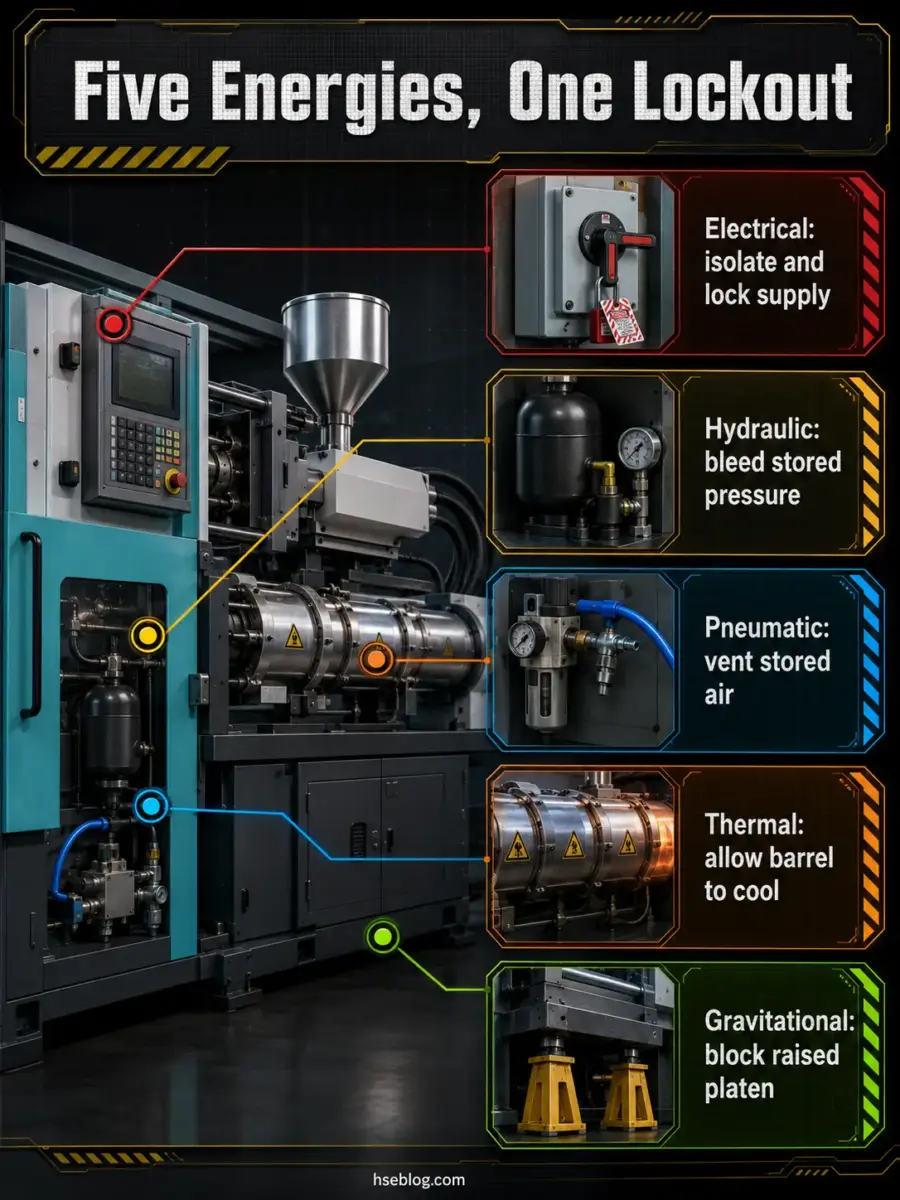 Industrial injection molding machine with labeled diagrams showing five energy lockout procedures: electrical switch isolation, hydraulic pressure bleeding, pneumatic air venting, thermal barrel cooling, and gravitational platen blocking.