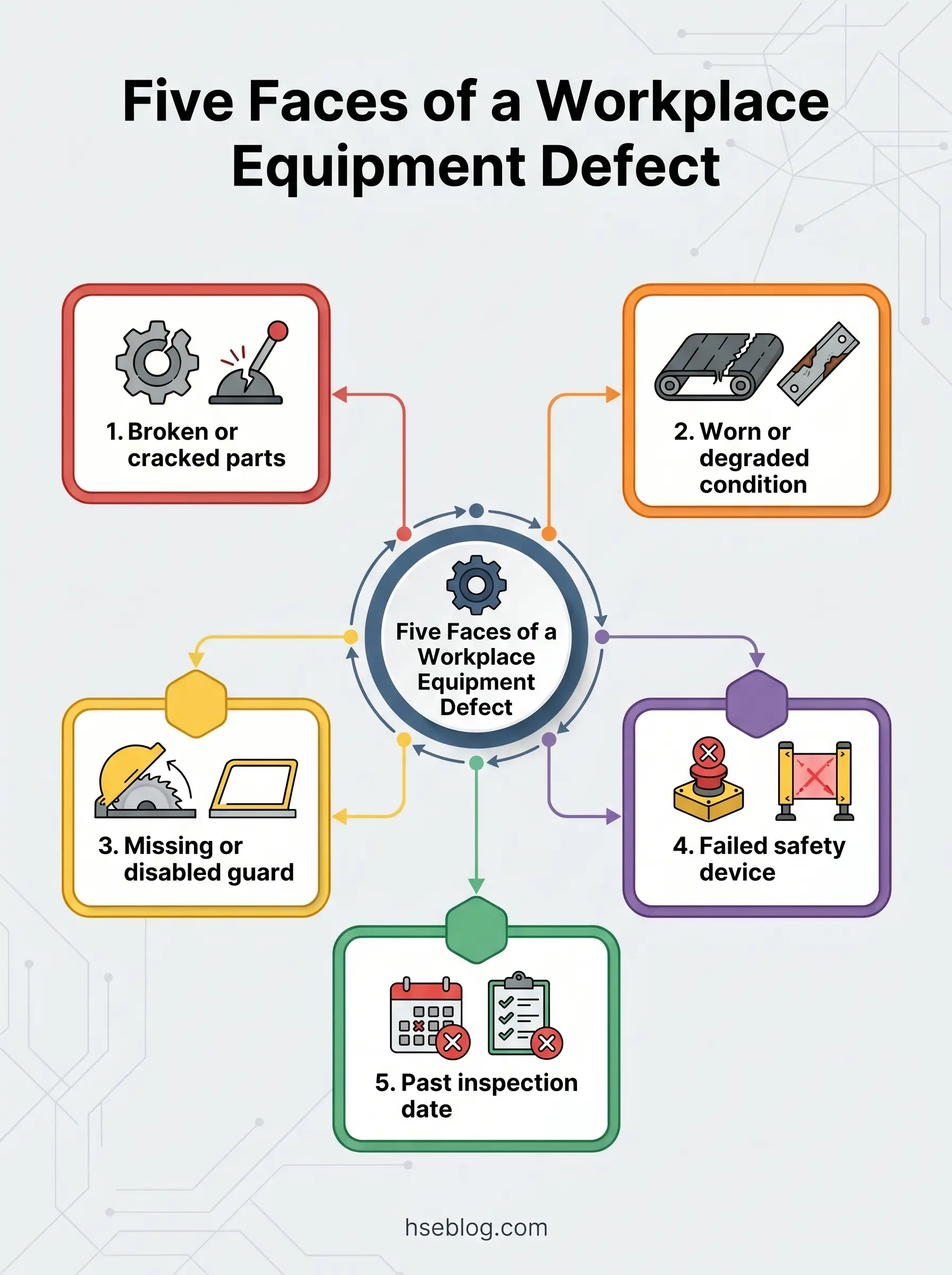 Infographic showing five categories of workplace equipment defects arranged in a circle: broken or cracked parts, worn or degraded condition, missing or disabled guards, failed safety devices, and past inspection dates.