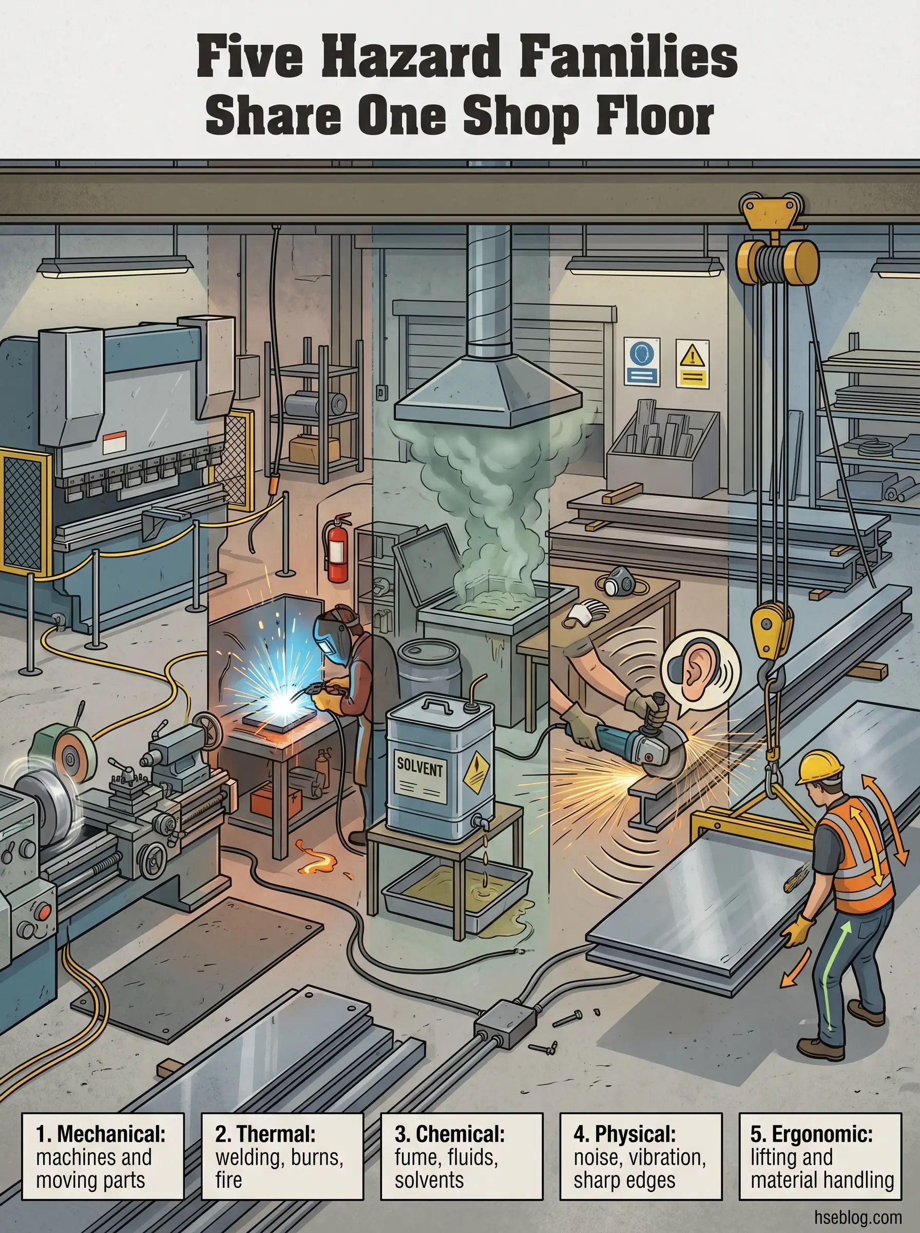 Illustrated workshop showing five workplace hazard types: mechanical machinery on left, thermal welding in center-left, chemical solvent storage in center, physical noise hazards in center-right, and ergonomic lifting on right.