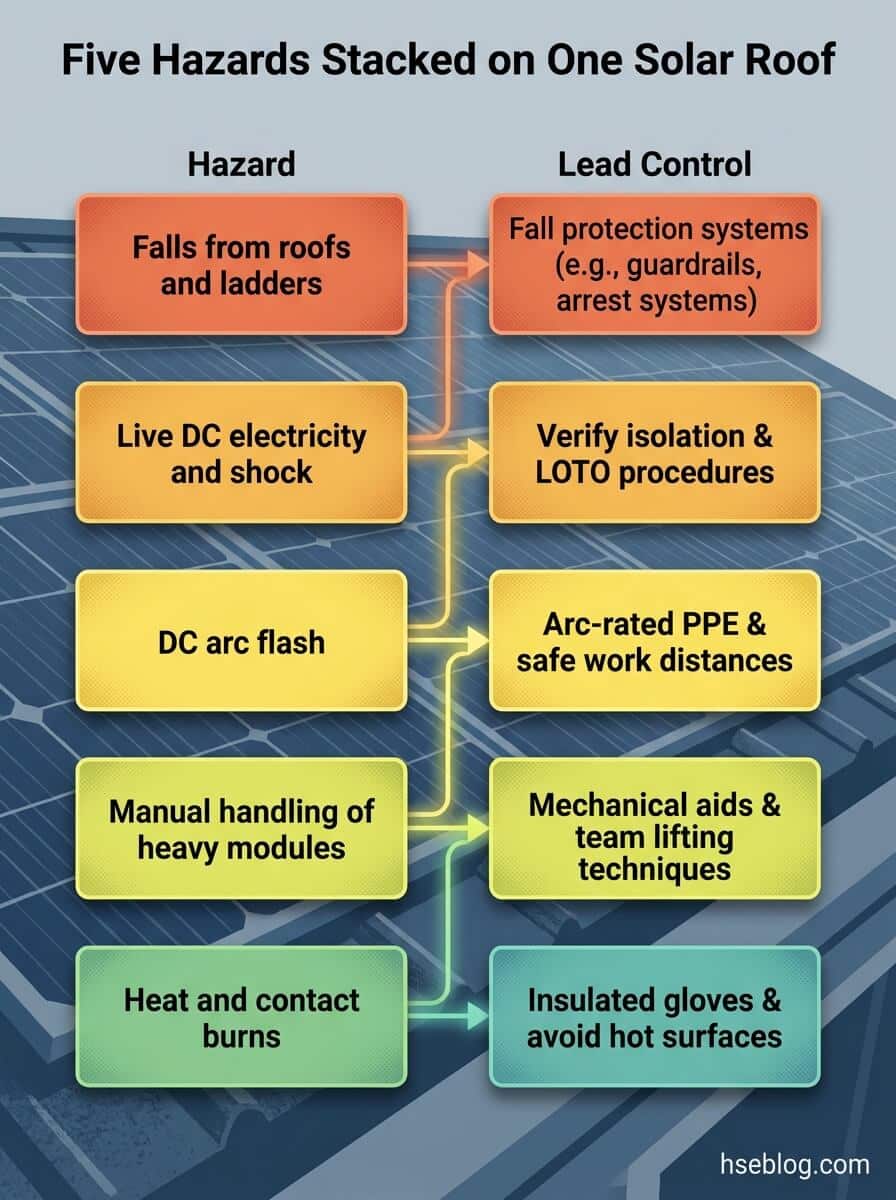 Infographic showing five hazards of solar roof installation with corresponding safety controls: fall protection, electrical isolation procedures, arc flash PPE, proper lifting techniques, and burn prevention measures.