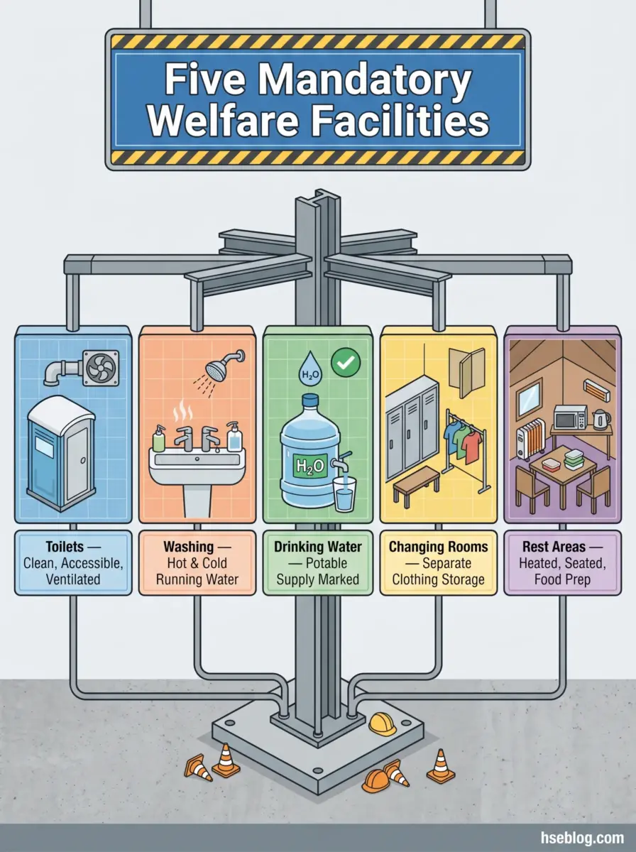 Infographic showing five mandatory welfare facilities for workers: toilets, washing stations, drinking water, changing rooms, and rest areas, each illustrated with icons and descriptions of required features.