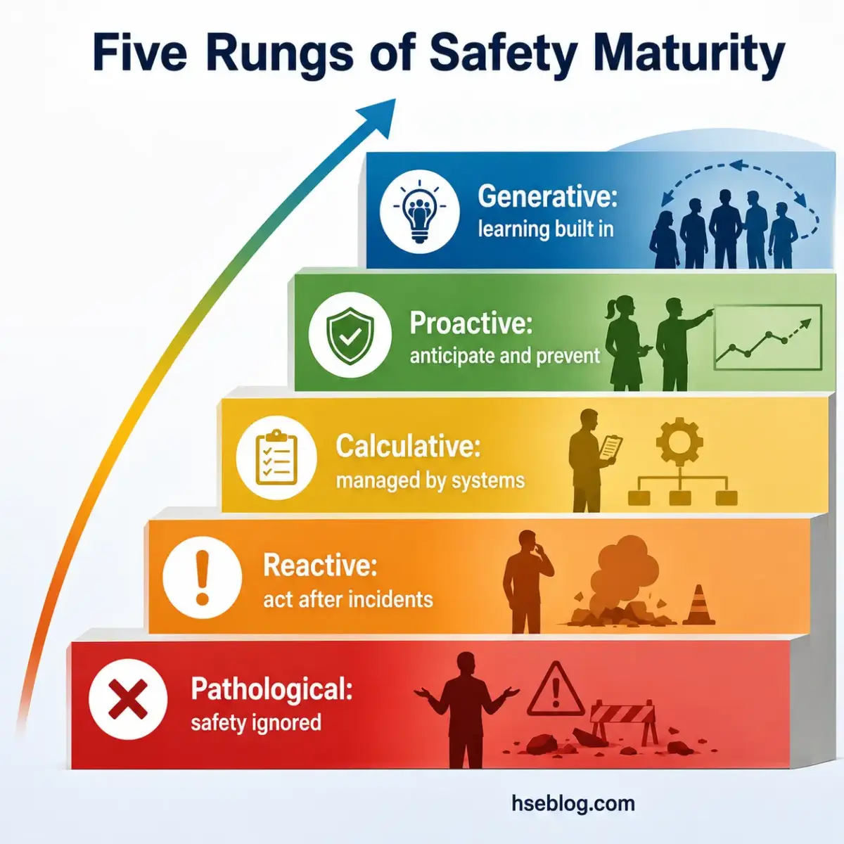 Stacked diagram showing five levels of safety maturity from bottom to top: pathological (safety ignored), reactive (act after incidents), calculative (managed by systems), proactive (anticipate and prevent), and generative (learning built in), with an upward arrow indicating progression.