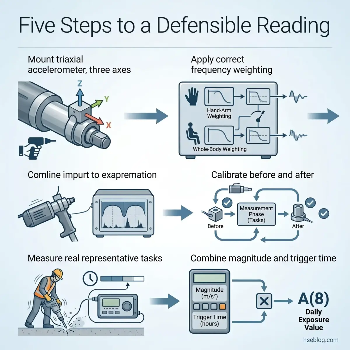 Infographic showing five steps for defensible accelerometer readings: mounting triaxial accelerometer on three axes, applying frequency weighting for hand-arm and whole-body measurements, importing data to exapreration software, calibrating before and after measurement tasks, and measuring real-world tasks to calculate daily exposure values.