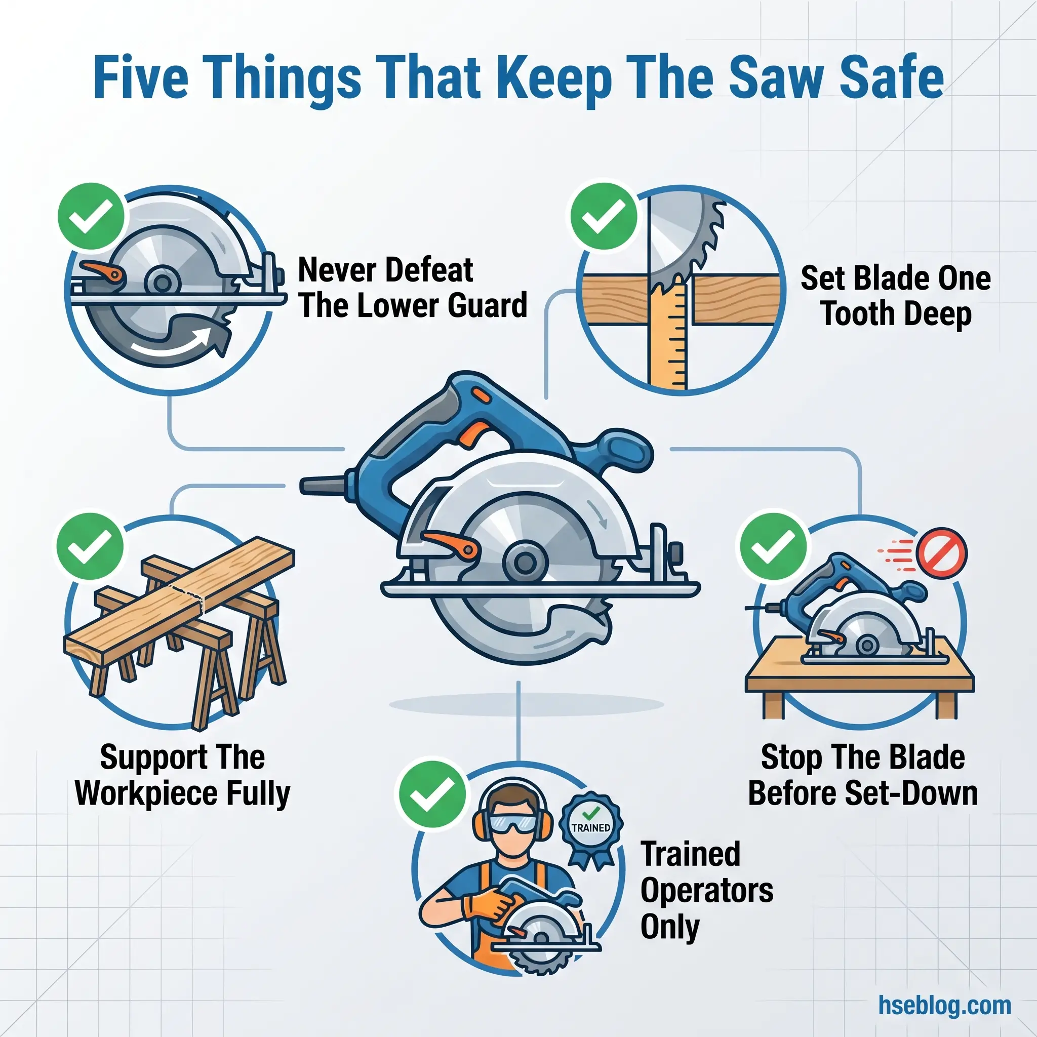 Infographic displaying five essential circular saw safety rules: never defeat the lower guard, set blade one tooth deep, support the workpiece fully, stop the blade before set-down, and use trained operators only.
