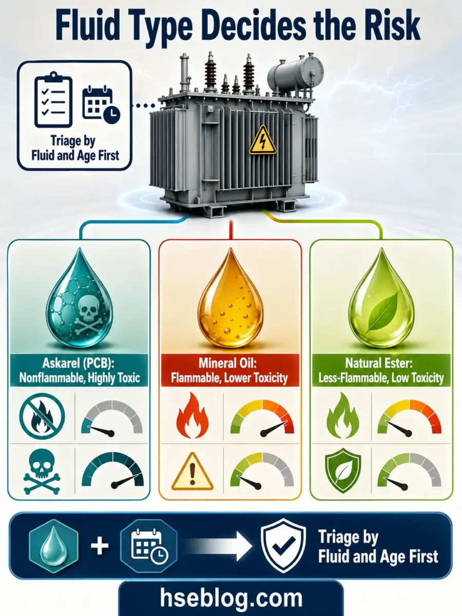 Infographic comparing three transformer fluid types—Askarel PCB, Mineral Oil, and Natural Ester—showing their flammability, toxicity, and environmental risk levels to guide equipment maintenance decisions.