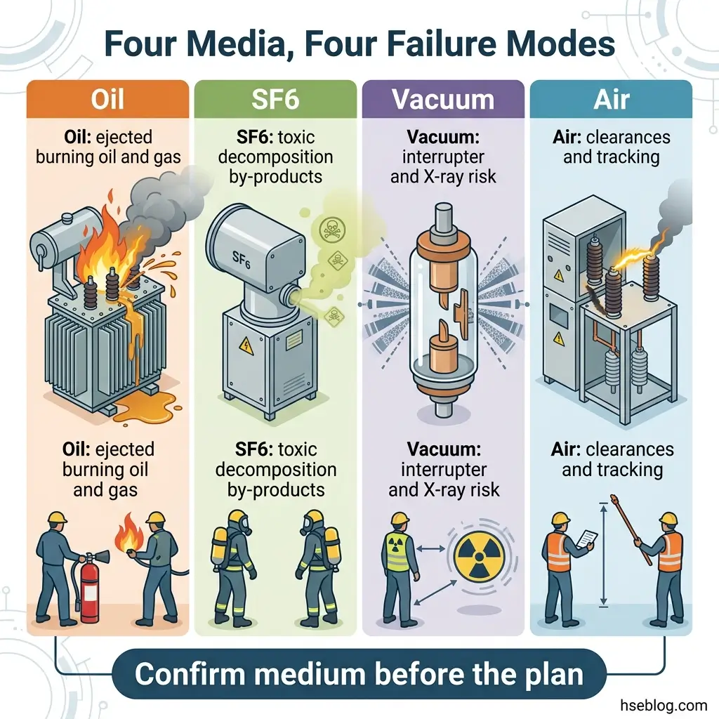 Infographic showing four electrical equipment failure modes: Oil with burning and ejection risks, SF6 with toxic decomposition hazards, Vacuum with interrupter and X-ray risks, and Air with clearance and tracking issues, each illustrated with equipment diagrams and worker safety examples.