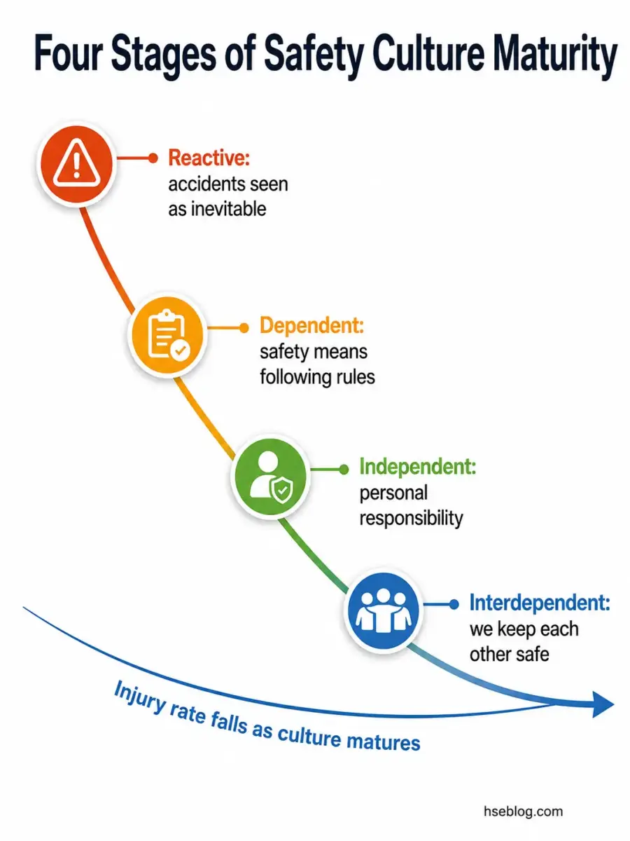 Diagram showing four progressive stages of safety culture maturity from reactive through dependent, independent, and interdependent levels, with injury rates decreasing as organizational safety culture develops.