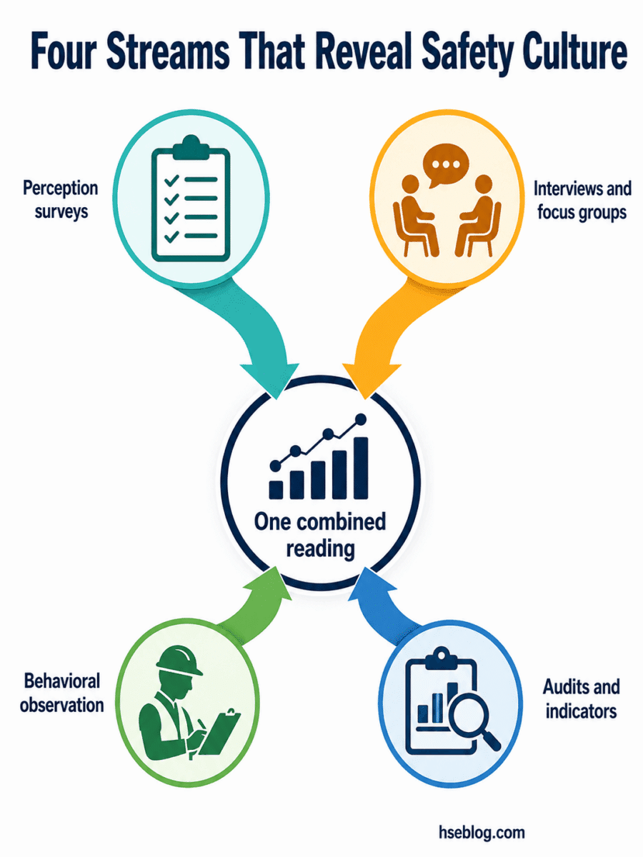 Diagram showing four interconnected streams that measure safety culture: perception surveys, interviews and focus groups, audits and indicators, and behavioral observation, all flowing into one combined reading.