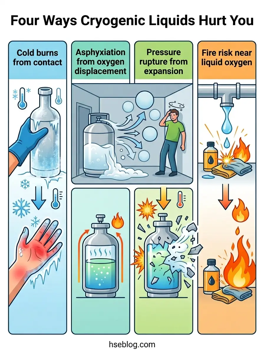 Infographic showing four hazards of cryogenic liquids: cold burns from contact, asphyxiation from oxygen displacement, pressure rupture from expansion, and fire risk near liquid oxygen, each illustrated with visual examples.