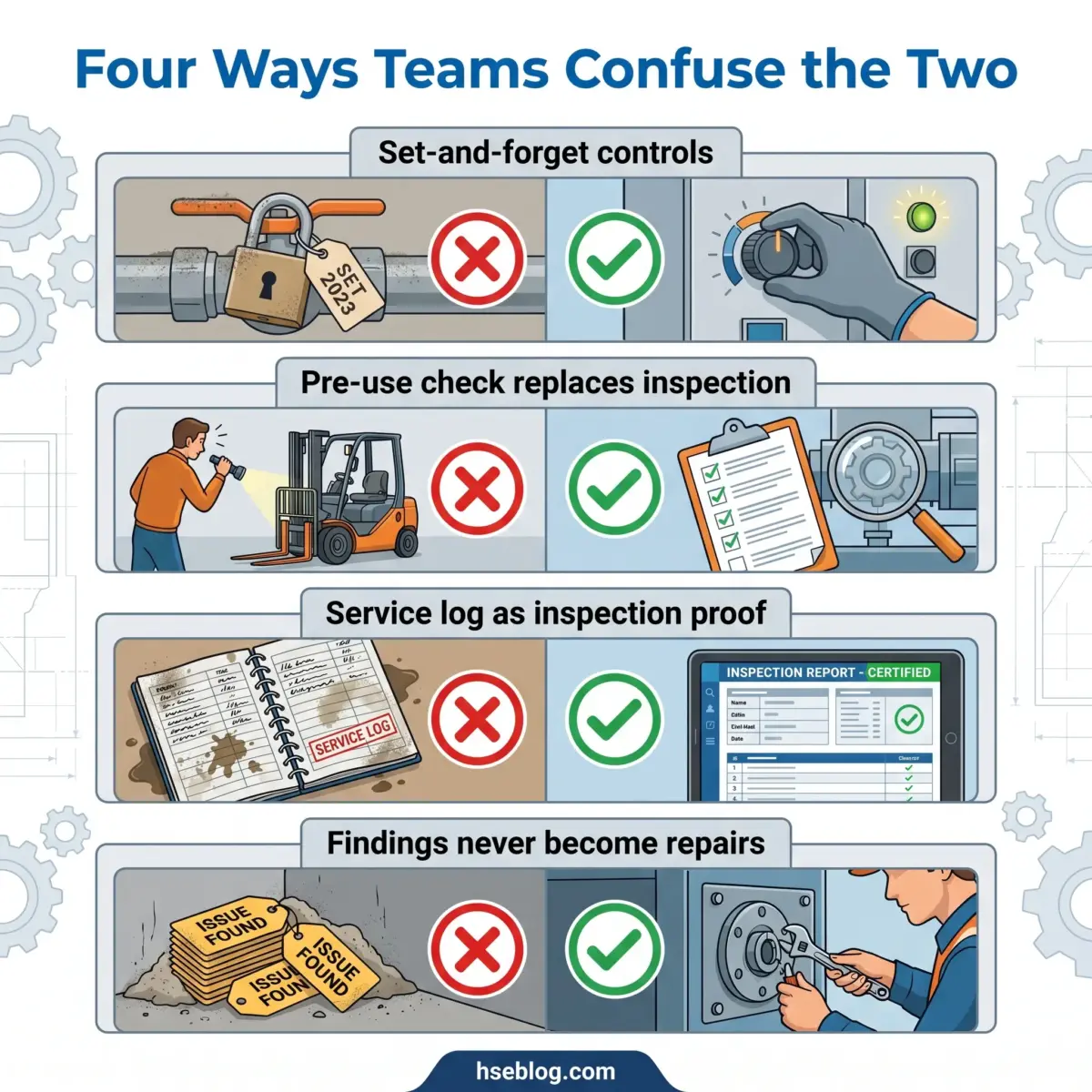 Infographic showing four common mistakes teams make with equipment inspections: set-and-forget controls, skipping pre-use checks, using service logs instead of inspections, and ignoring reported findings without repairs.