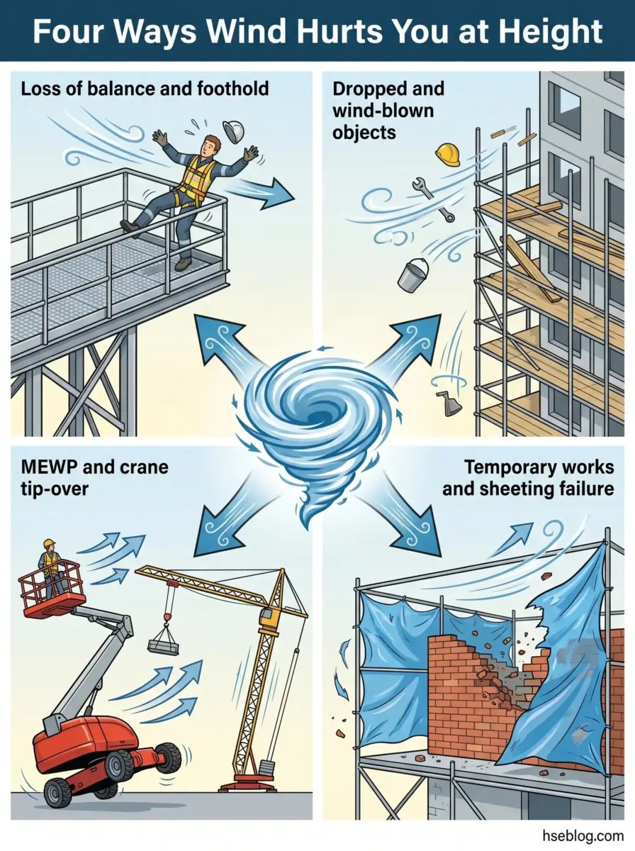 Infographic illustrating four hazards of wind at height on construction sites: loss of balance, falling objects, equipment tip-over, and temporary structure failure, with central tornado icon.