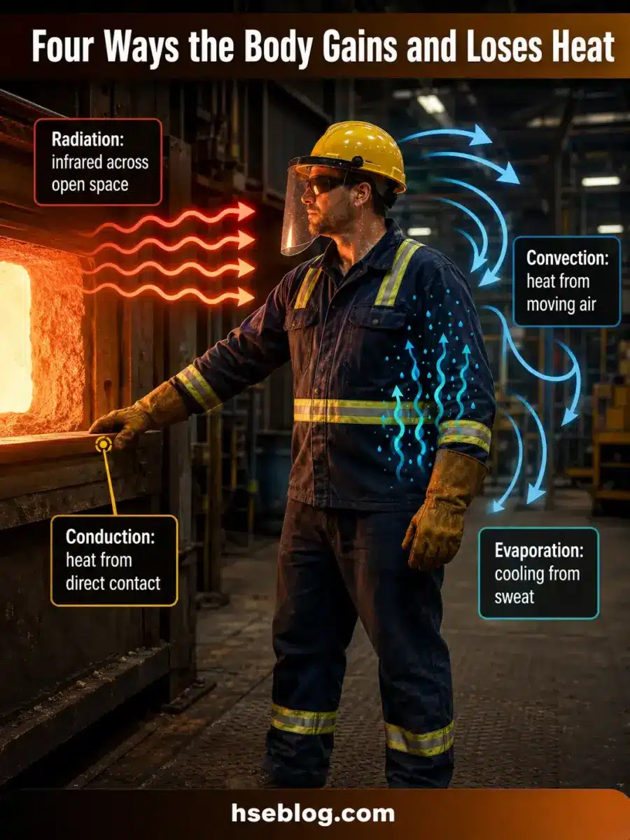 Industrial worker in safety gear standing near molten metal with labeled diagrams showing radiation, conduction, convection, and evaporation as the four ways the human body gains and loses heat.