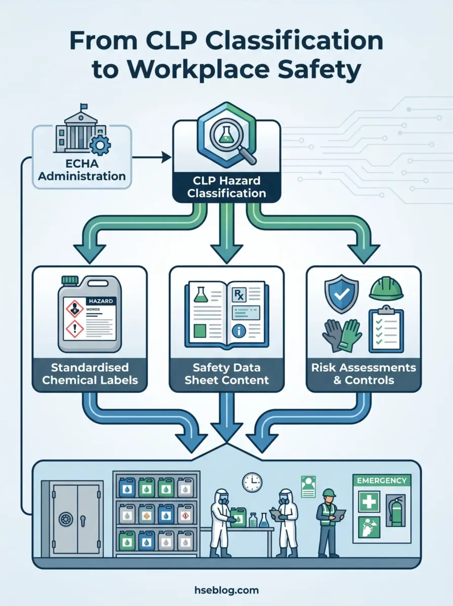 Flowchart showing how ECHA chemical hazard classification leads to workplace safety through standardized labels, safety data sheets, risk assessments, and proper storage and emergency procedures.