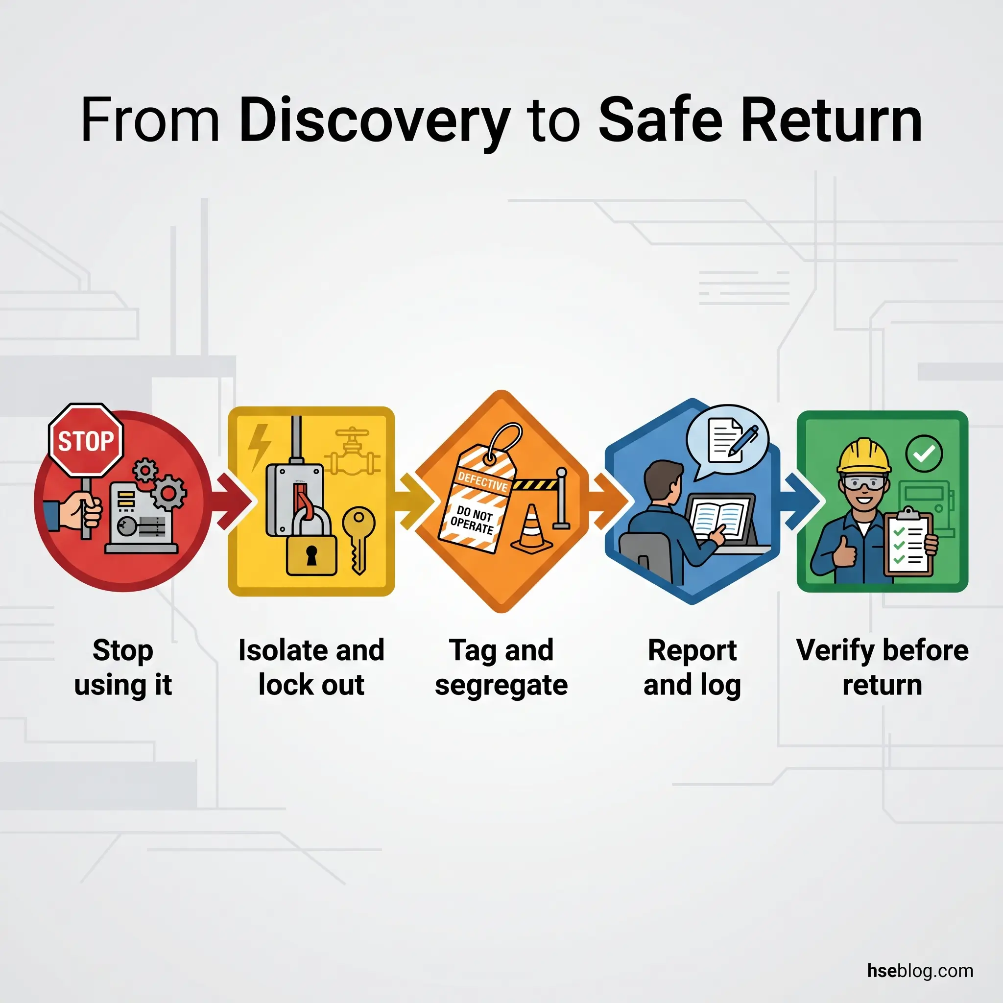 Five-step process flowchart showing hazard management workflow: stop using equipment, isolate and lock out, tag and segregate, report and log findings, and verify before returning to service.