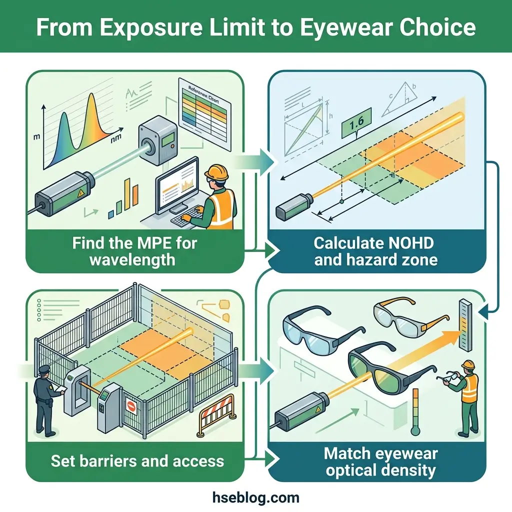Flowchart showing four steps for laser safety eyewear selection: finding MPE for wavelength, calculating NOHD and hazard zone, setting barriers and access controls, and matching eyewear optical density to radiation exposure.
