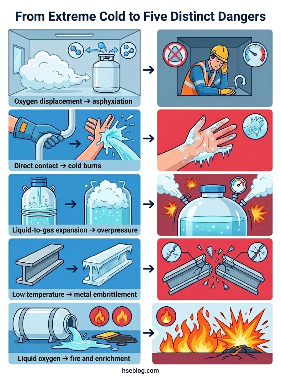 Infographic showing five hazards of extreme cold: oxygen displacement causing asphyxiation, direct contact causing cold burns, liquid-to-gas expansion causing overpressure, low temperature causing metal embrittlement, and liquid oxygen causing fire and enrichment.