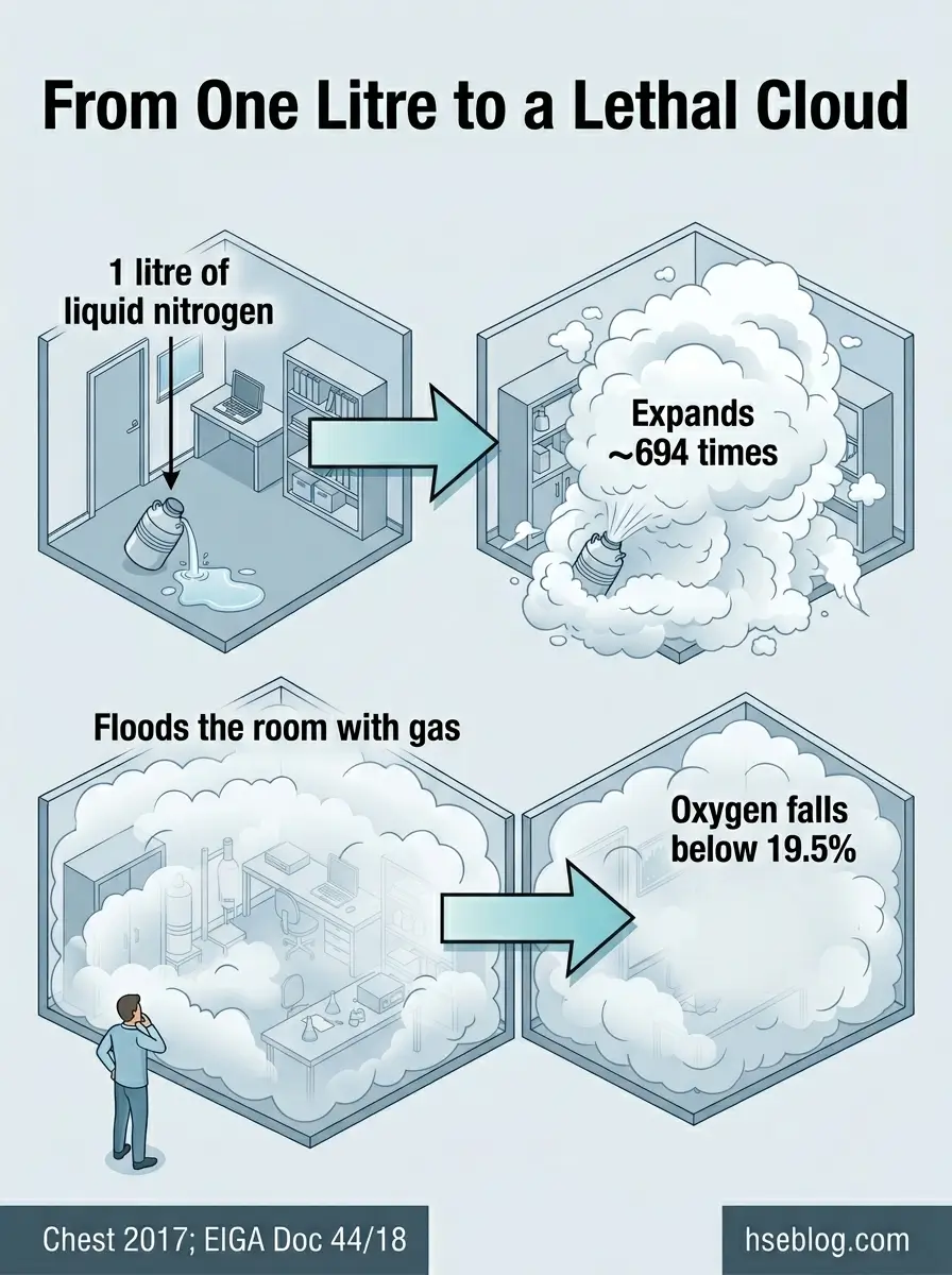 Infographic showing how one litre of liquid nitrogen expands approximately 694 times into a gas that floods a room and reduces oxygen levels below safe breathing thresholds.