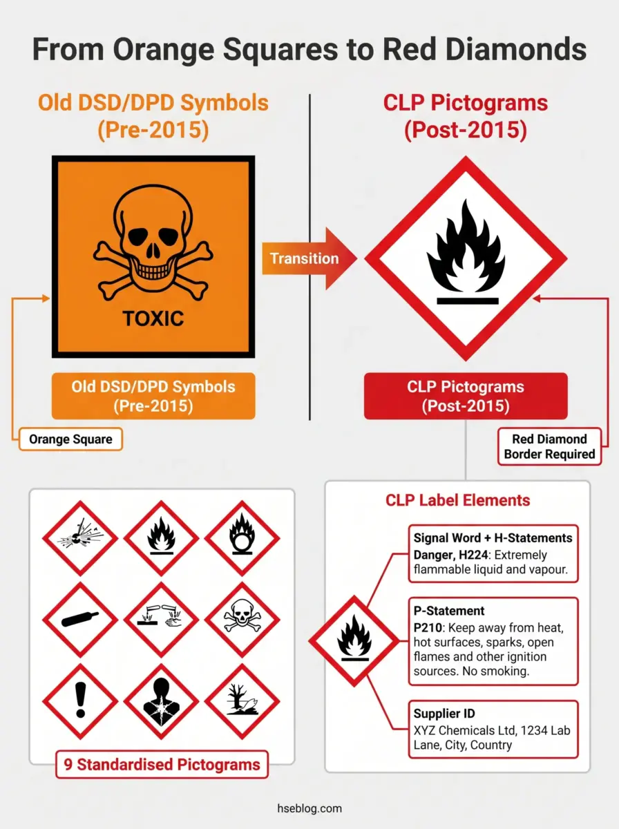 Infographic showing transition from pre-2015 orange square toxic symbols to post-2015 red diamond CLP pictograms, displaying nine standardized hazard symbols with label elements including signal words, H-statements, P-statements, and supplier information.