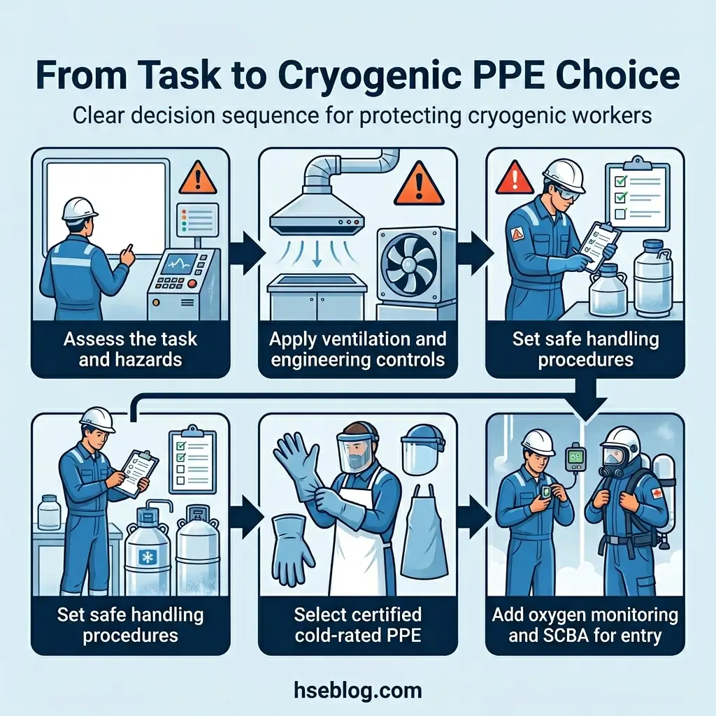 Infographic showing six-step decision sequence for cryogenic worker PPE selection, from hazard assessment through ventilation controls, handling procedures, certified cold-rated equipment, to oxygen monitoring and SCBA requirements.