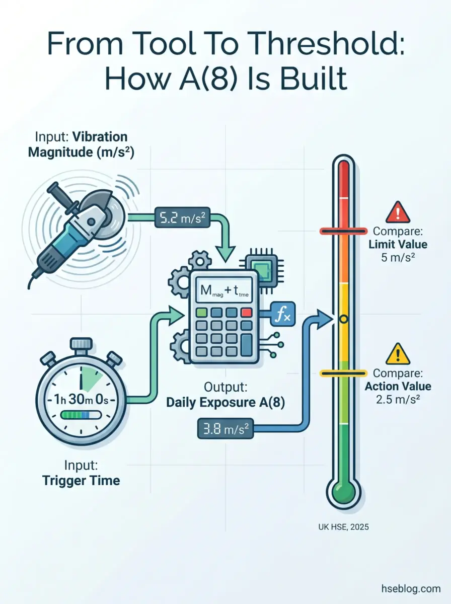 Infographic showing how A(8) daily exposure is calculated from vibration magnitude and trigger time, comparing the result to action and limit thresholds on a vertical scale.