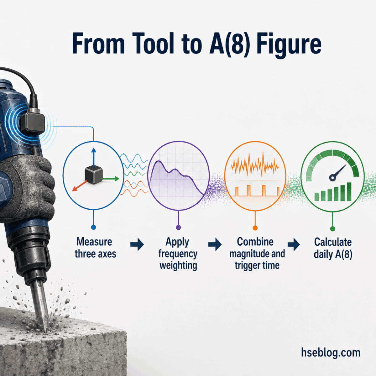 Infographic showing the A(8) vibration calculation process from a power tool, displaying four sequential steps: measuring three axes, applying frequency weighting, combining magnitude and trigger time, and calculating daily A(8) exposure value.