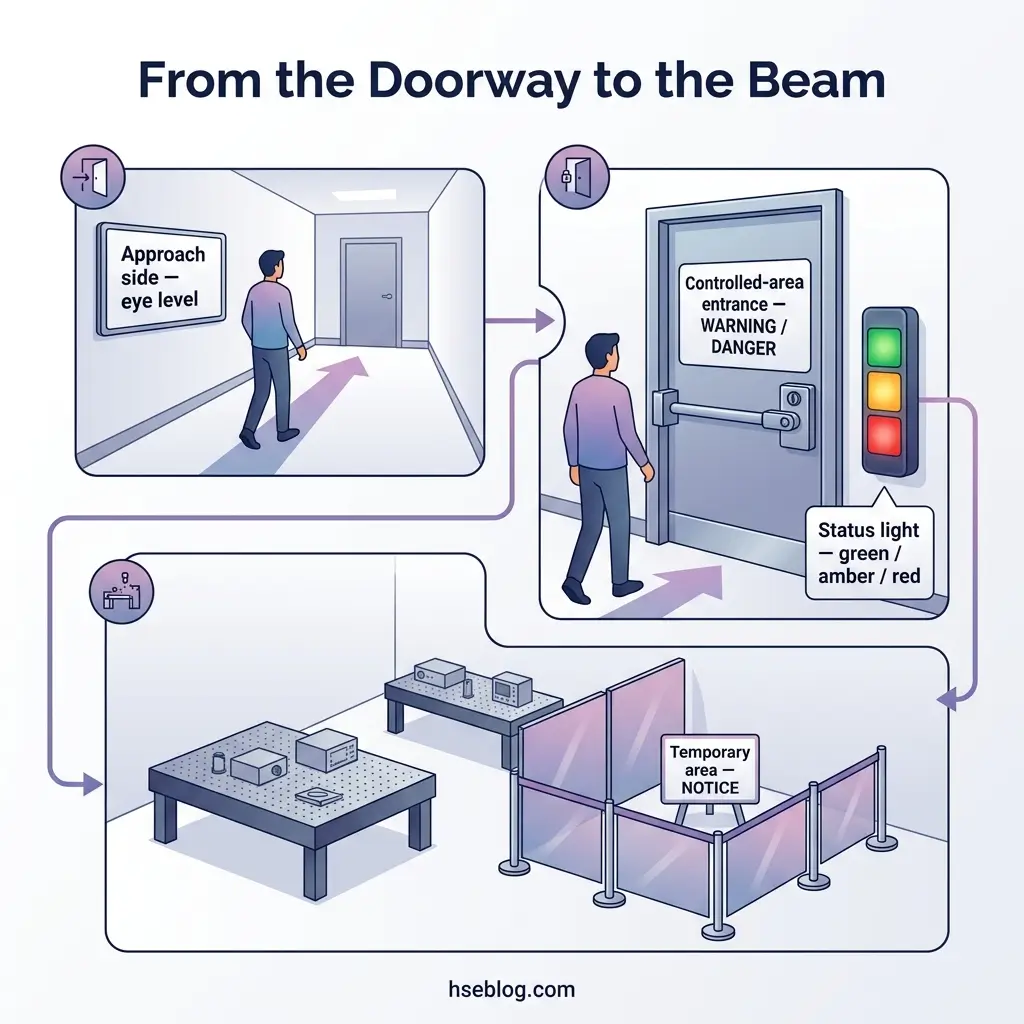 Infographic showing the workflow from a doorway approach to a controlled-area entrance with status lights, leading to temporary work areas with equipment tables separated by barriers.