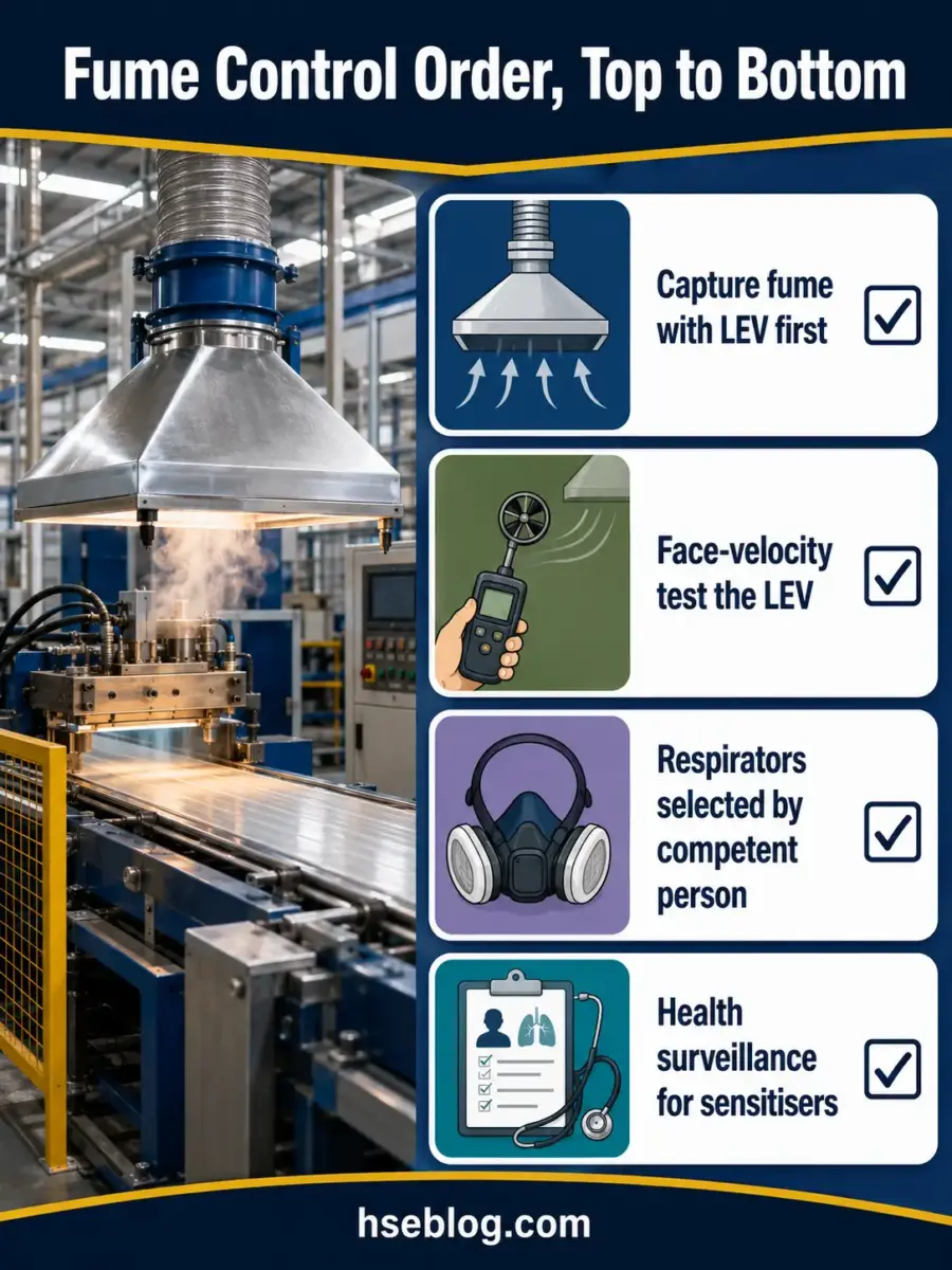 Industrial fume control safety checklist showing four sequential steps: LEV capture, face-velocity testing, respirator selection, and health surveillance, displayed next to a welding workstation with overhead fume hood.