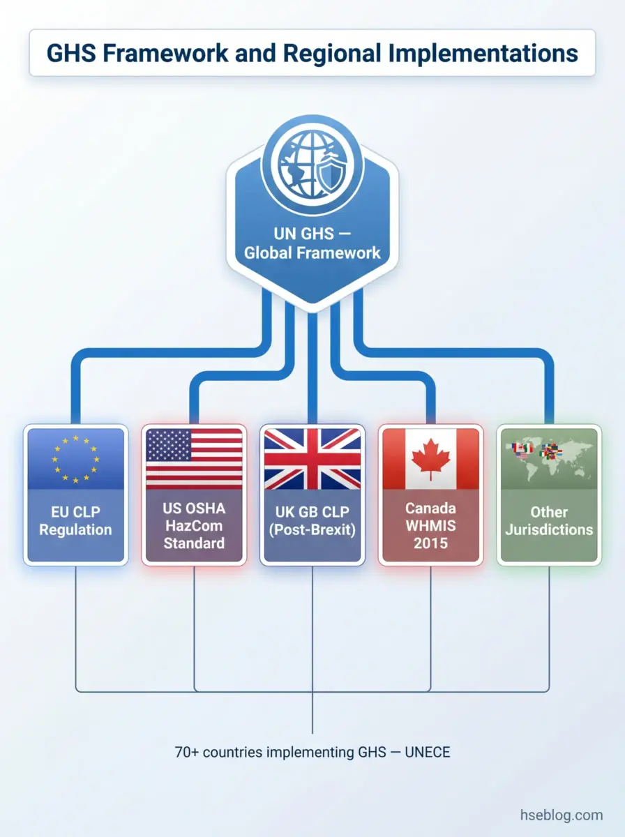 Diagram showing UN GHS Global Framework at the top branching down to five regional implementations: EU CLP Regulation, US OSHA HazCom Standard, UK GB CLP, Canada WHMIS 2015, and Other Jurisdictions, with 70+ countries implementing GHS through UNECE.