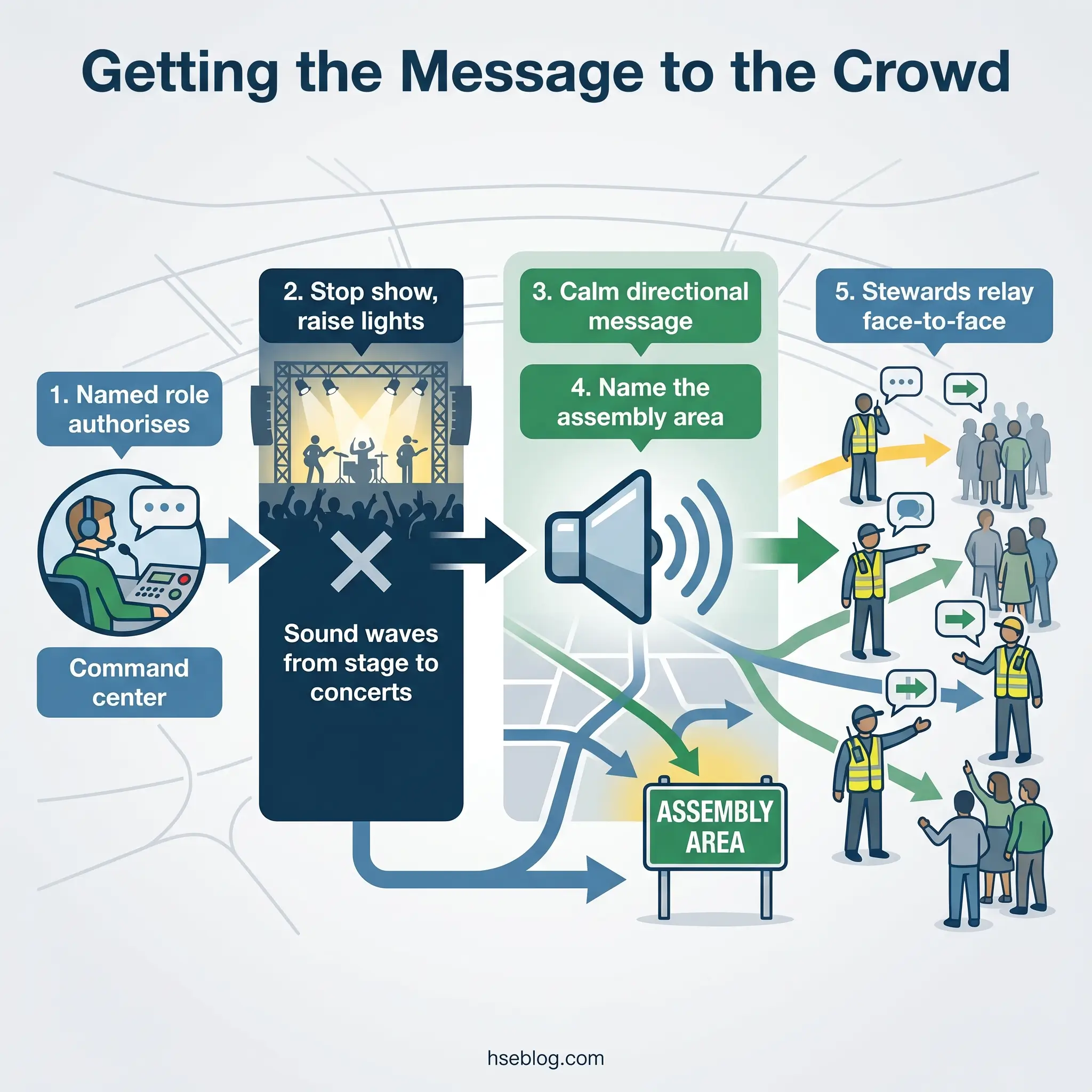Flowchart showing five-step process for communicating emergency messages to crowds: command center authorization, stopping the show and raising lights, broadcasting calm directional messages, naming the assembly area, and stewards relaying information face-to-face.